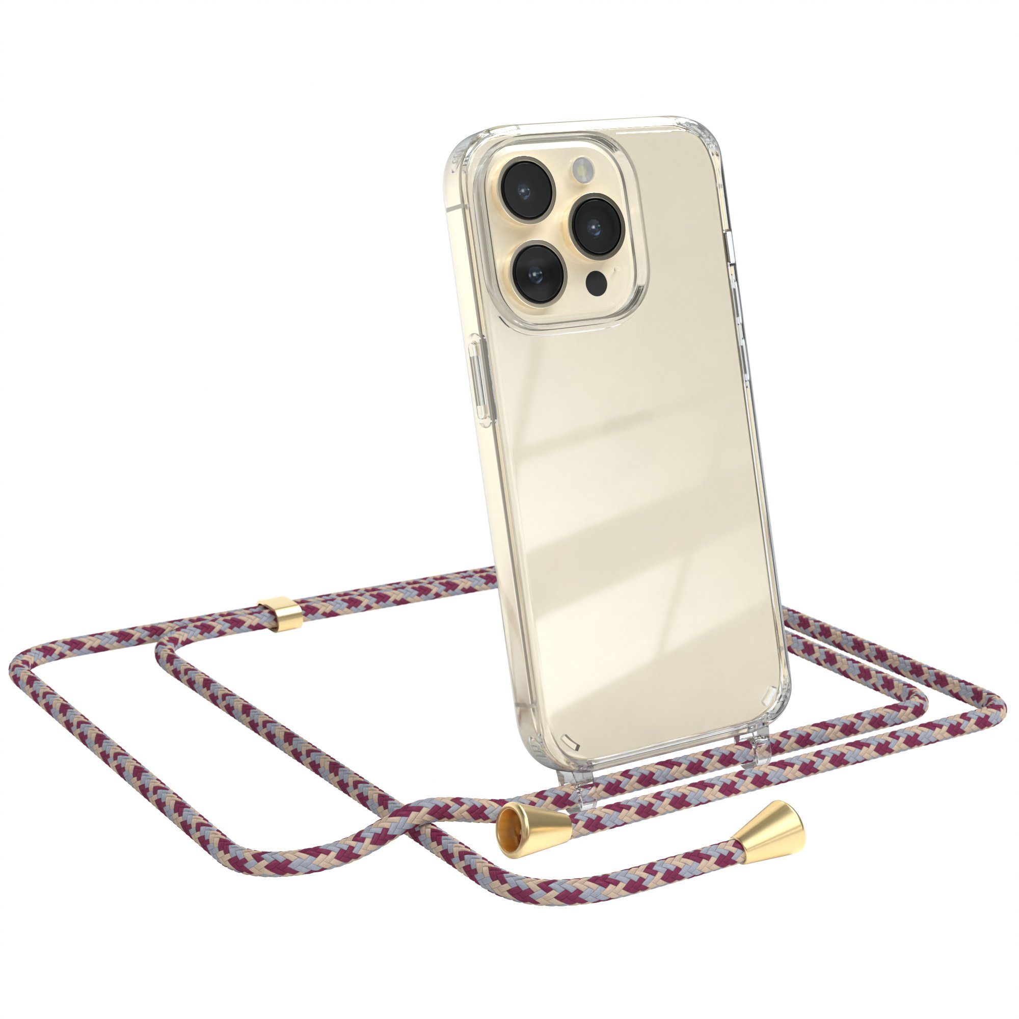 EAZY CASE Handykette Hülle mit Kette für Apple iPhone 14 Pro 6,1 Zoll, Hülle mit Umhängeband Bumper Case Hülle mit Band Rot Beige Camouflage