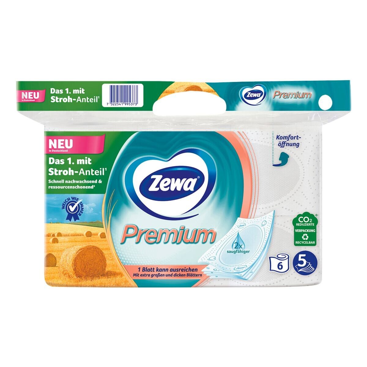 ZEWA Toilettenpapier Premium (6-St), 5-lagig, mit Strohanteil & Prägung, 110 Blatt/Rolle