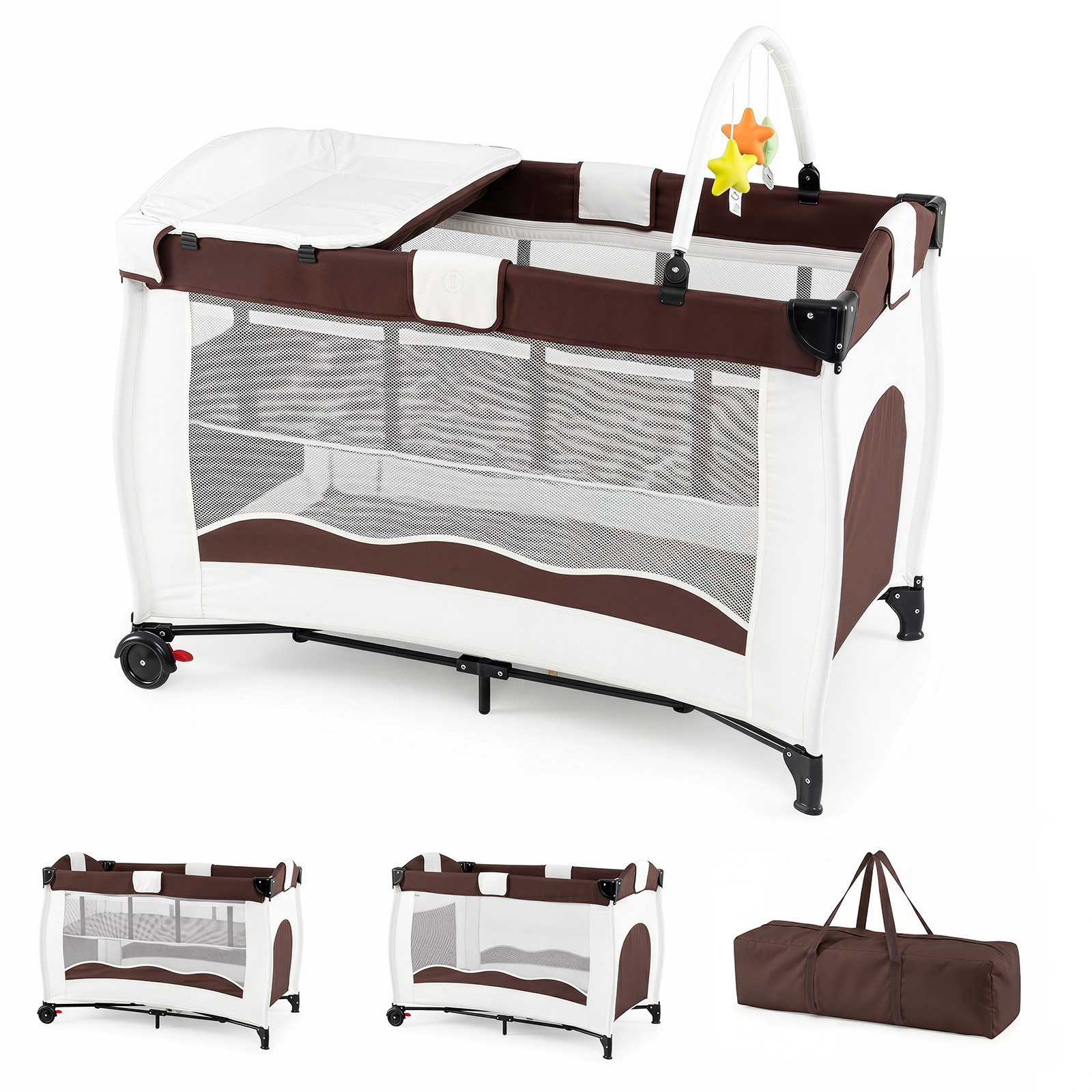 COSTWAY Baby-Reisebett 4 in 1 Beistellbett, Reisebett, Babybett mit Matratze, Wickeltisch