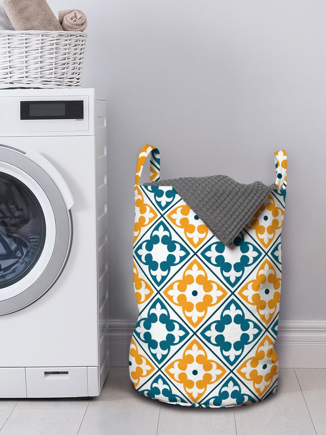 für Wäschesäckchen Kordelzugverschluss Wäschekorb Azulejo Griffen Waschsalons, Stil Spanisch marokkanisch mit Abakuhaus