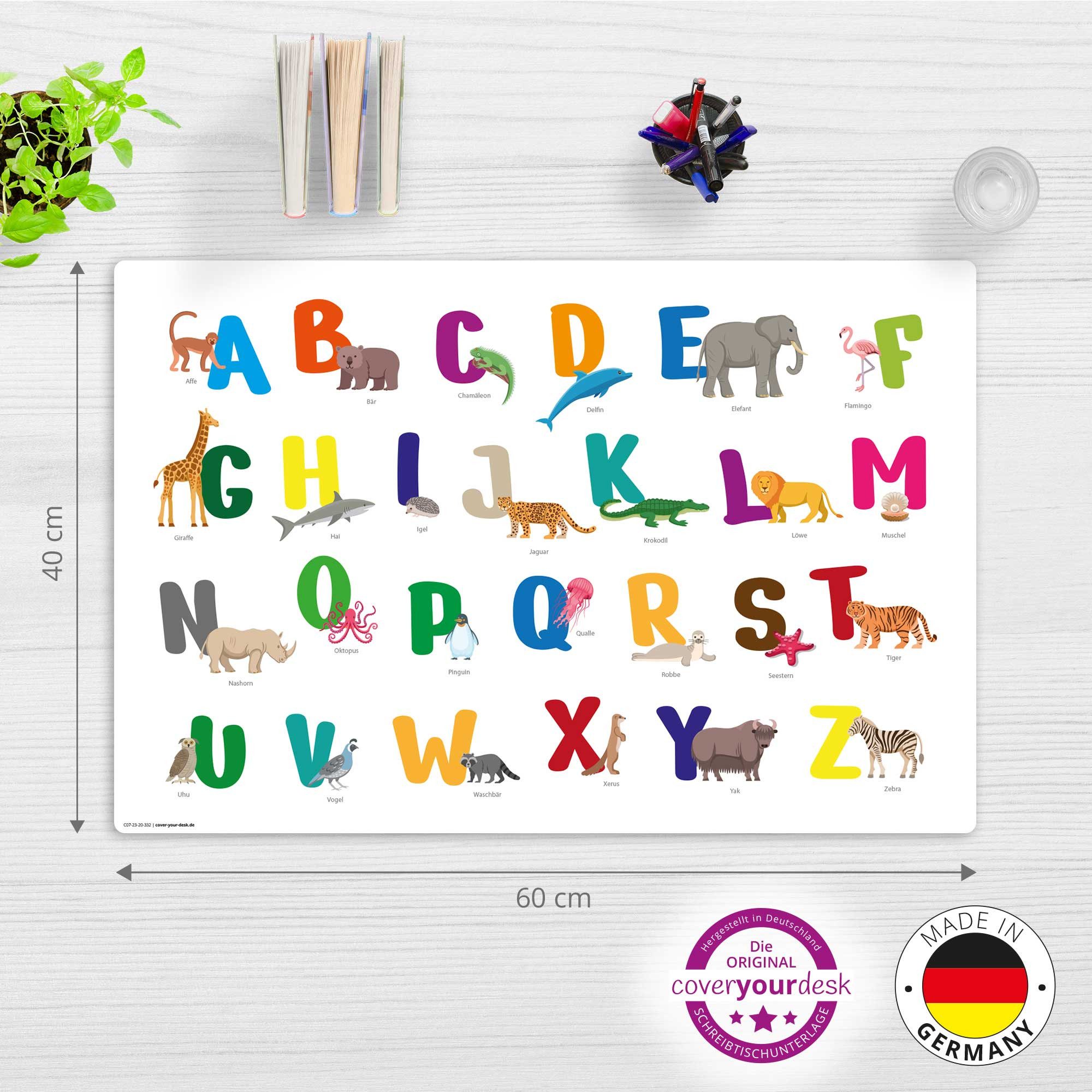 cover-your-desk.de Schreibtischunterlage abwaschbar - Buntes ABC mit Tieren für Kinder - Made in Germany