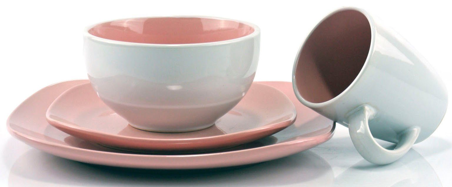 Geschirr-Set, Rosè NOVA Personen PINK/ROSÈ SQUARE Steinzeug, im 4 Arzberg Kombiservice 16 Retsch Personen, Mix Teile, und aus für 4 Service Weiß, Bicolor-Look (16-tlg),