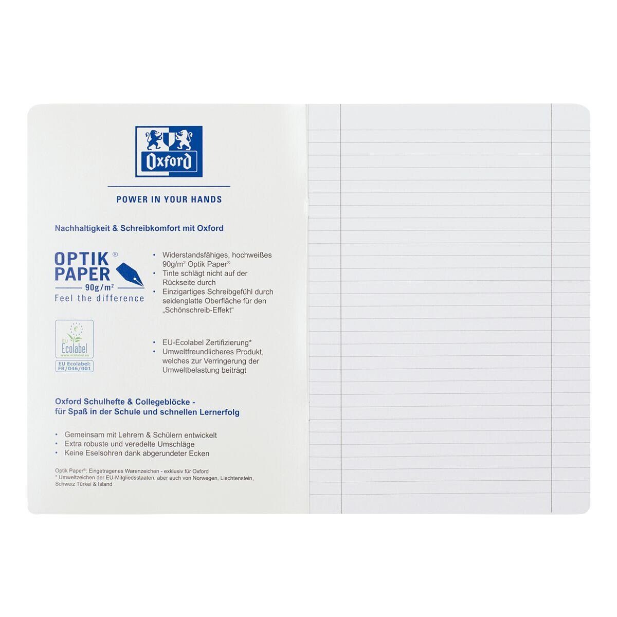 OXFORD Schulheft Touch, A4, liniert (Lineatur 27), Innen-/ Außenrand, ungelocht, 16 Blatt