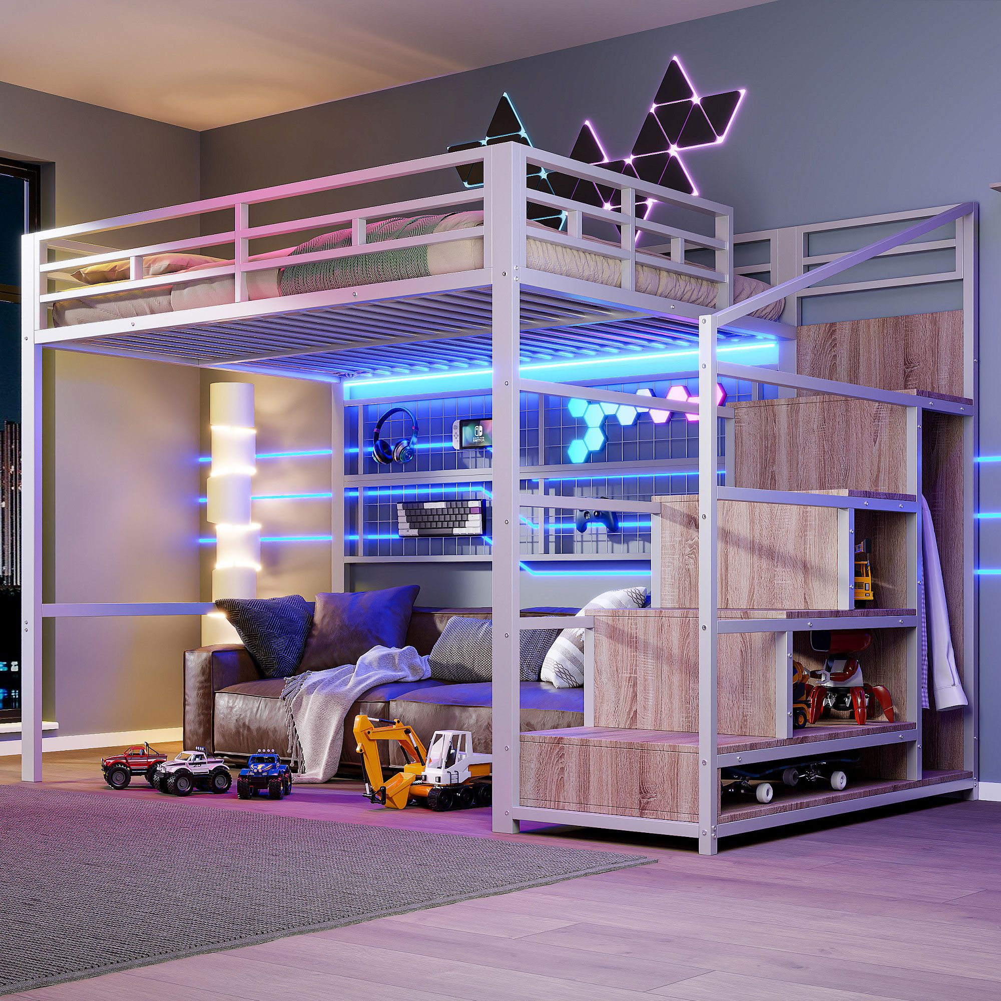 Merax Hochbett 140x200 cm mit LED-Beleuchtung (Doppelbett Jugendbett Kinder günstig online kaufen