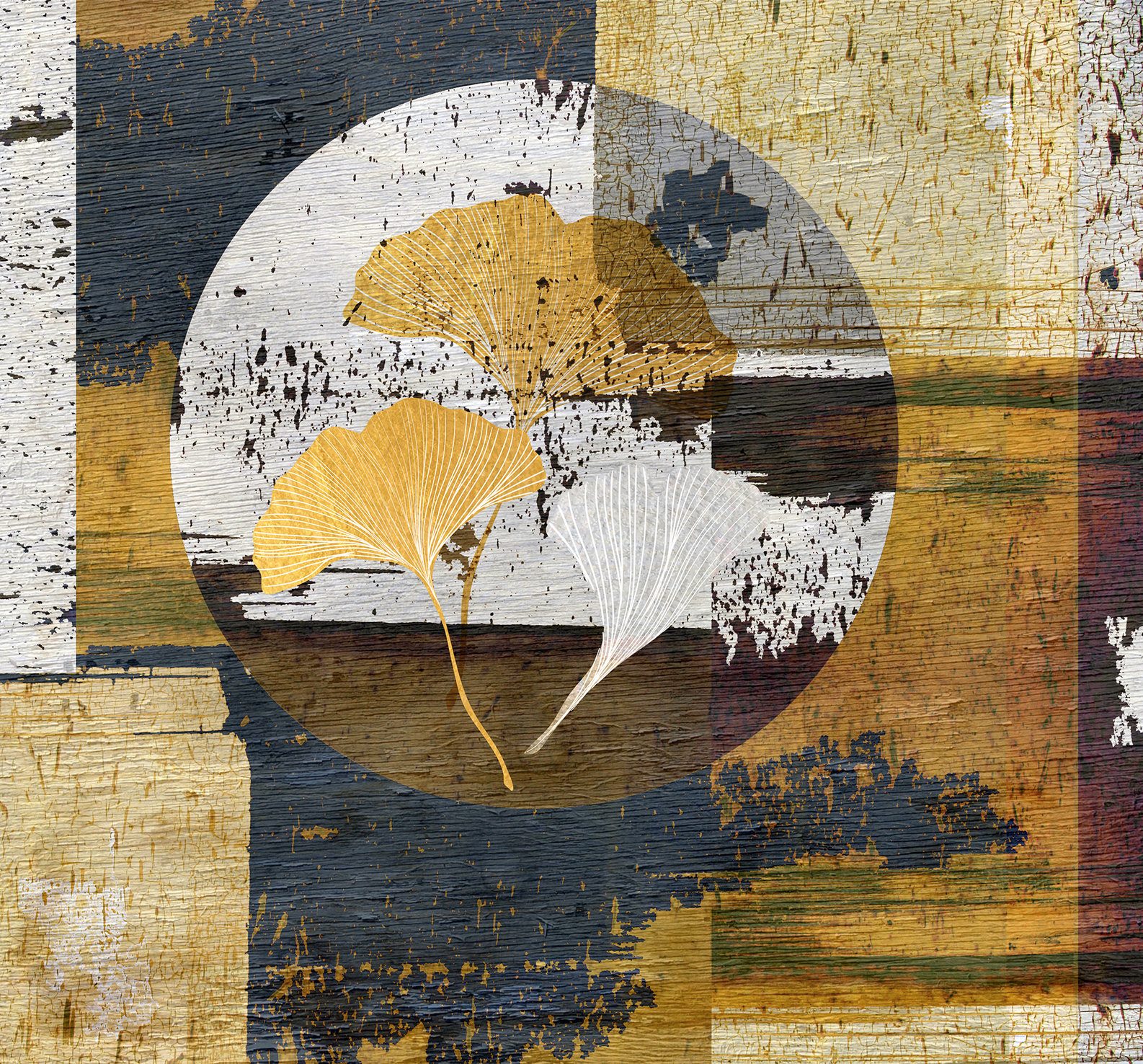 queence Gemälde Aluminium Bild Goldeffekt Abstrakte Collage Ginkgo, Abstrakt, Blumenbilder, Formen, Alu Dibond mit gebürsteter Struktur für einen edlen Metall Effekt