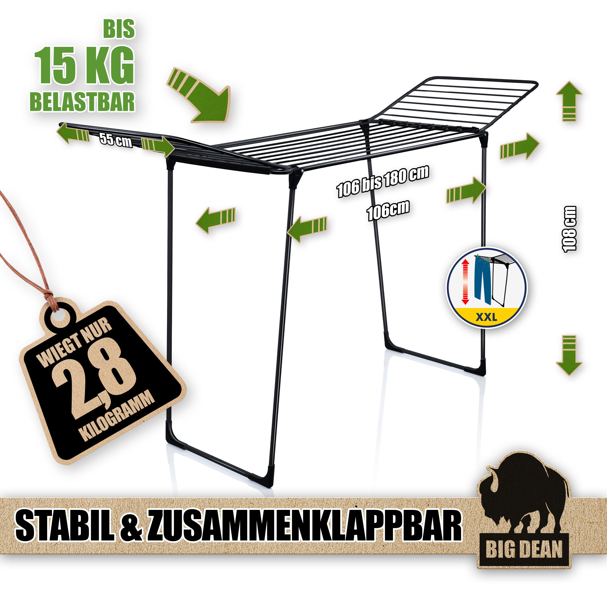 BigDean Wäscheständer Wäschetrockner 20m extra hoch & dicke Leinen Made in Europe, 20m Trockenleine, 15kg Tragkraft, Extra dicke leinen – Bild 3 von 5
