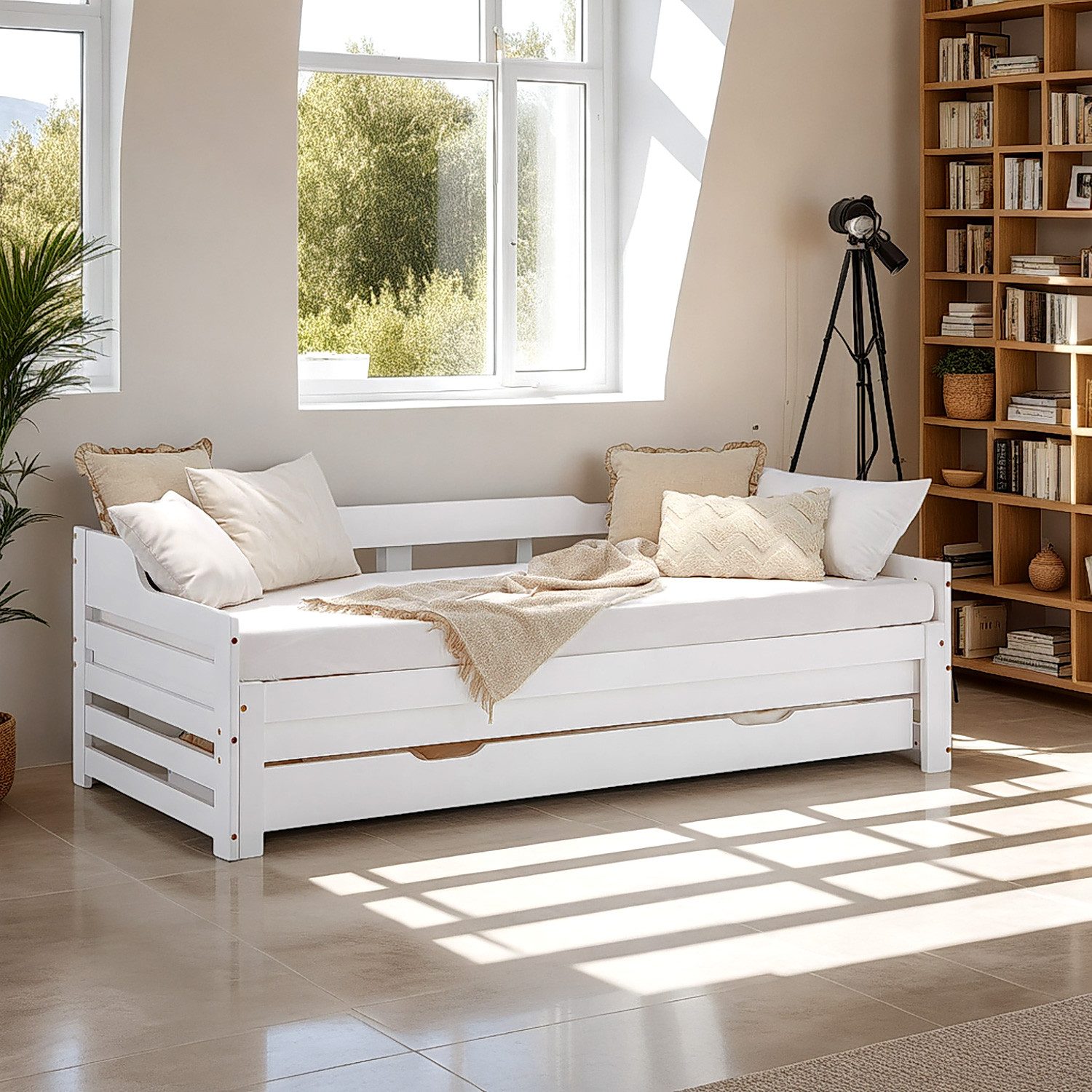 Homestyle4u Ausziehbett 90x200 mit/ohne Matratze 2 Liegeflächen Gästebett 2 Personen Holzbett (Set), mit Stauraum (Bettkasten/Schublade), ebene Liegefläche, ausziehbar