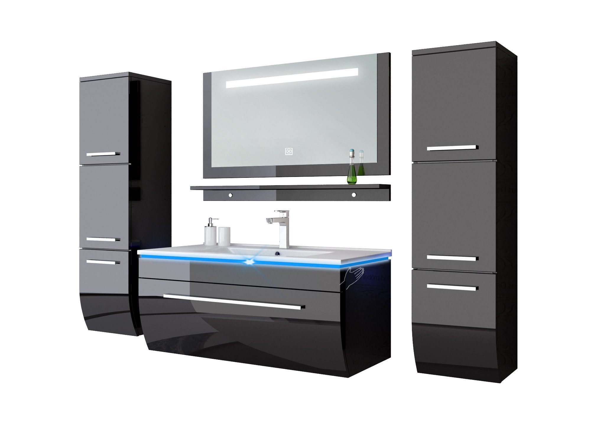 Homeline Badmöbel-Set Badmöbel Set Hochglanz lackiert LED System tauschsystem, (Sparset, 6-St., Set ANgebot ohne Waschtisch Armatur und Ablaufgarnitur), Lackiert Hochglanz LED Fertig montiert Touch system