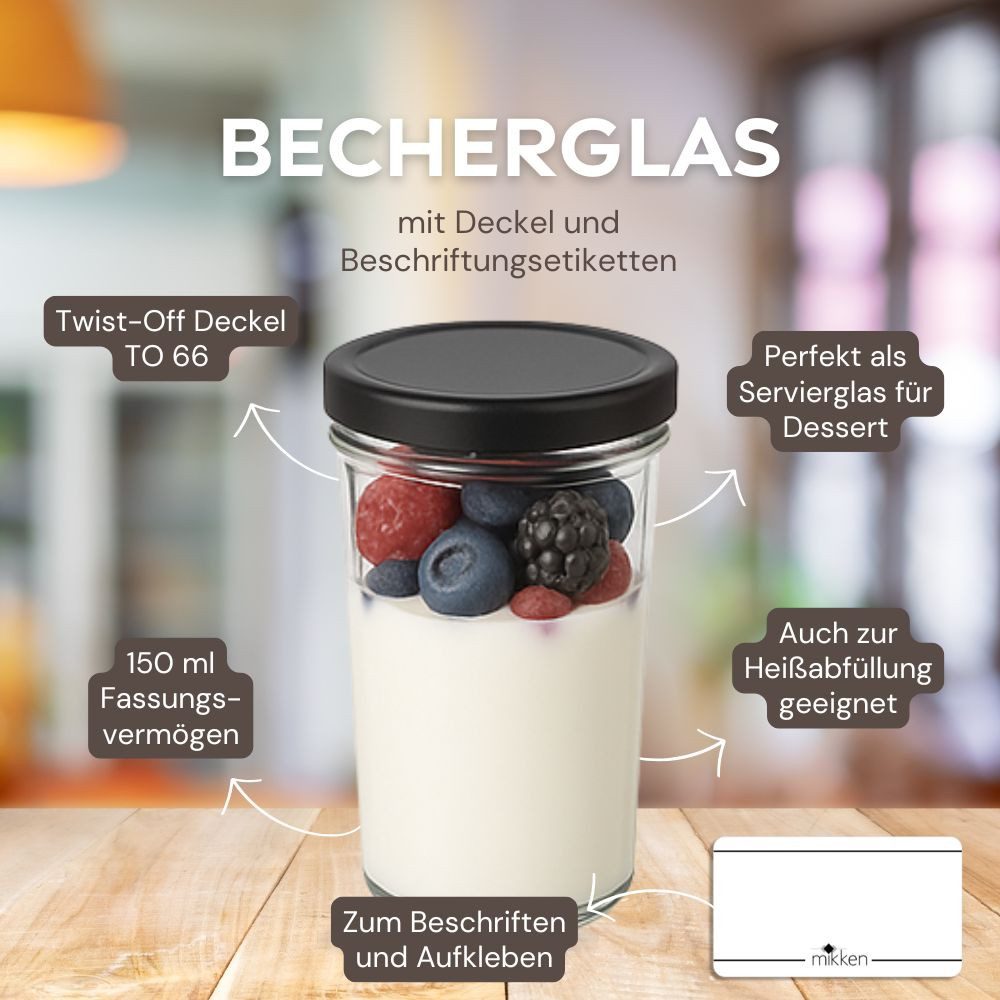 mikken Einmachglas Bechergläser 150 ml Einkochgläser mit Etiketten, (Spar-Set, 20er Set), Mit Twist-Off Deckel, Einweckglas, Sturzglas