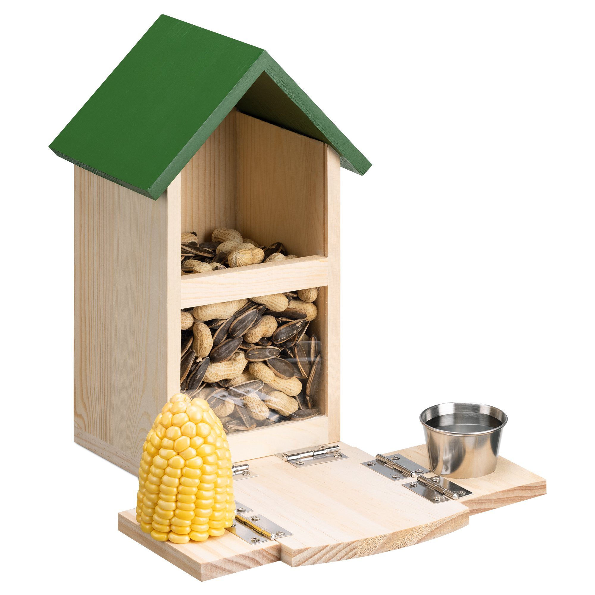 Futterautomat Futterhaus aus Kiefernholz - Futterkasten mit Wasserschale