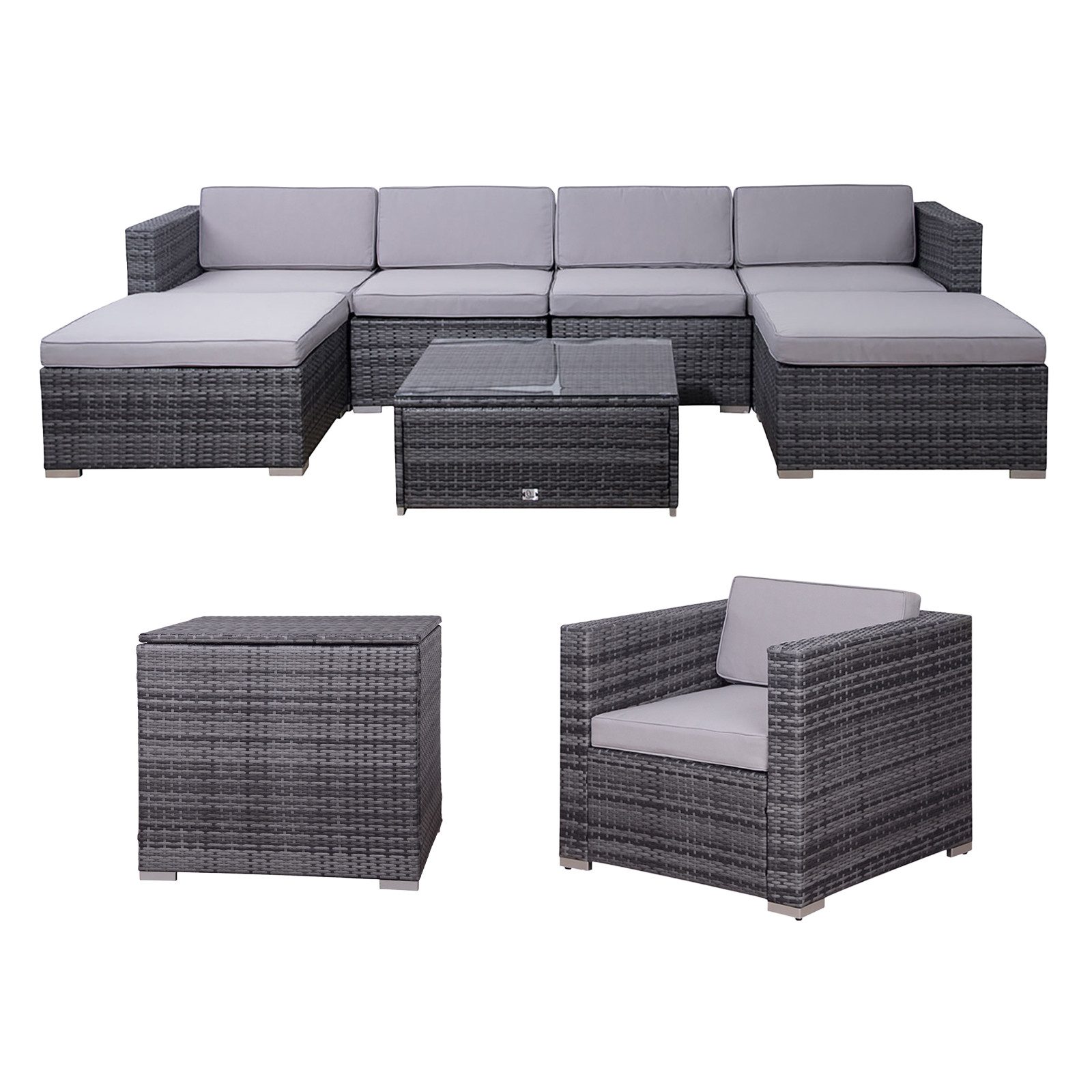 SVITA Loungeset, (Gartenlounge, 1-tlg), LUGANO XL, Ecksofa + Sessel + Kissenbox, Wetterfest, UV-Lichtbeständig