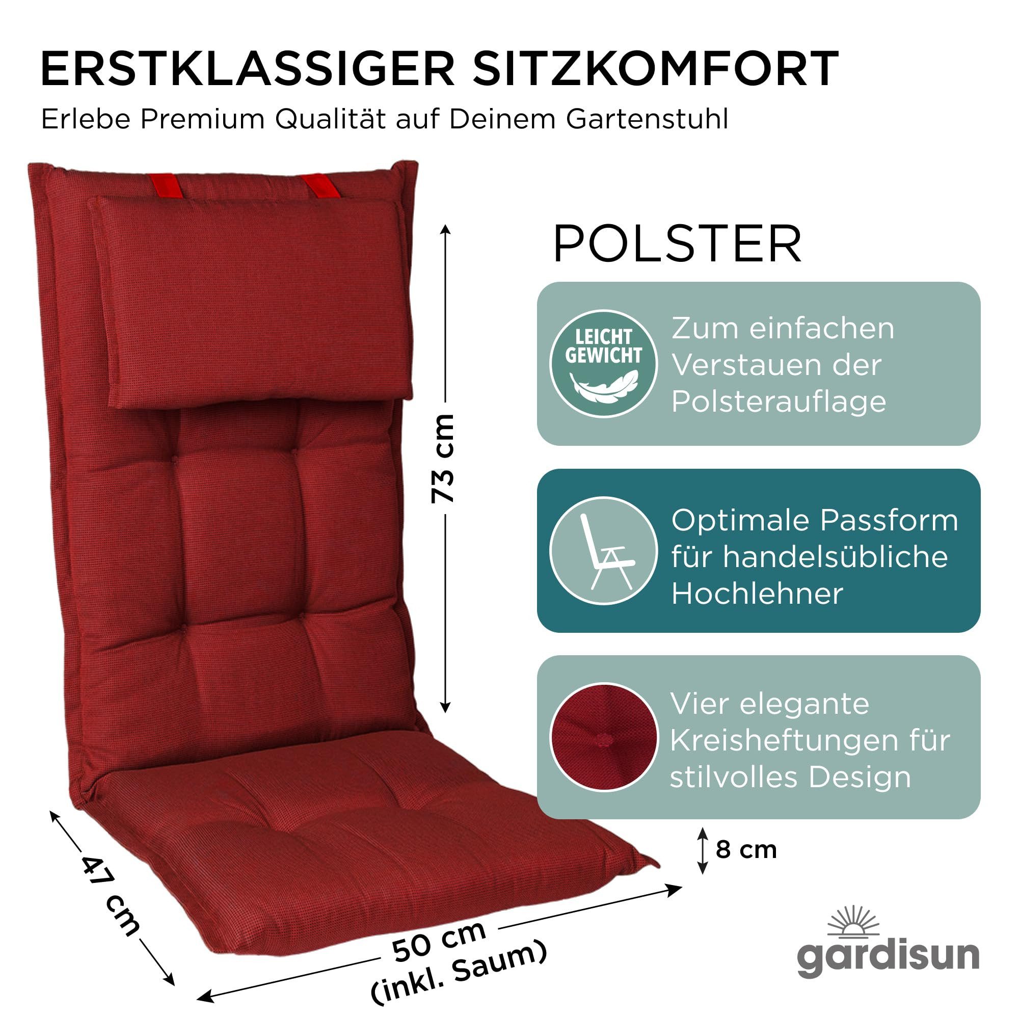 Gardisun Auflagekissen Gartenstuhlauflagen Polyacryl 8cm Hoch, Kopfteil, (Extra dicke Sitzauflage, 1-8er Set, versch. Muster)