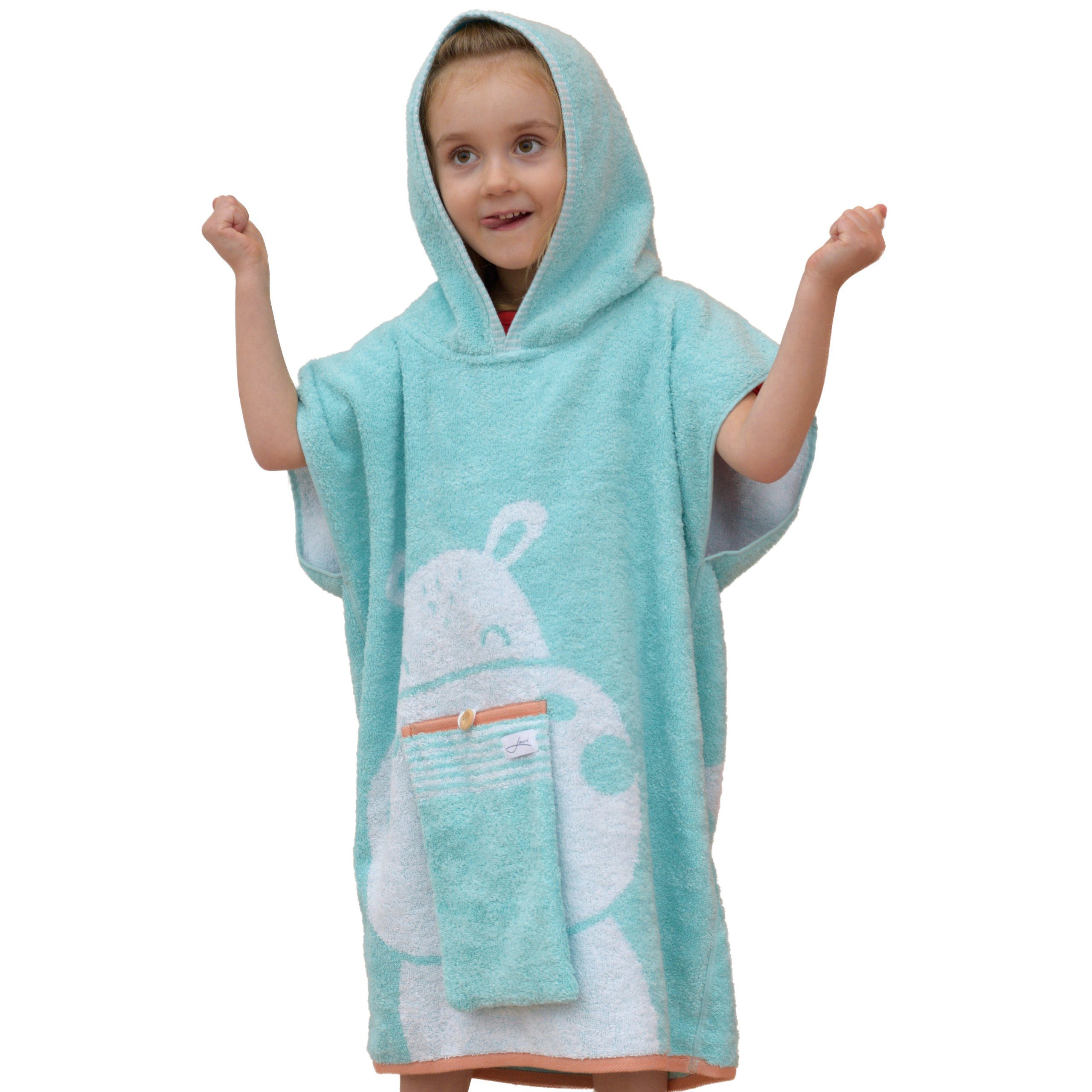 Lou-i Badeponcho Badeponcho mint für Kinder Made in Germany, Kapuze, Tasche mit Knopf, mit Kapuze und Tasche