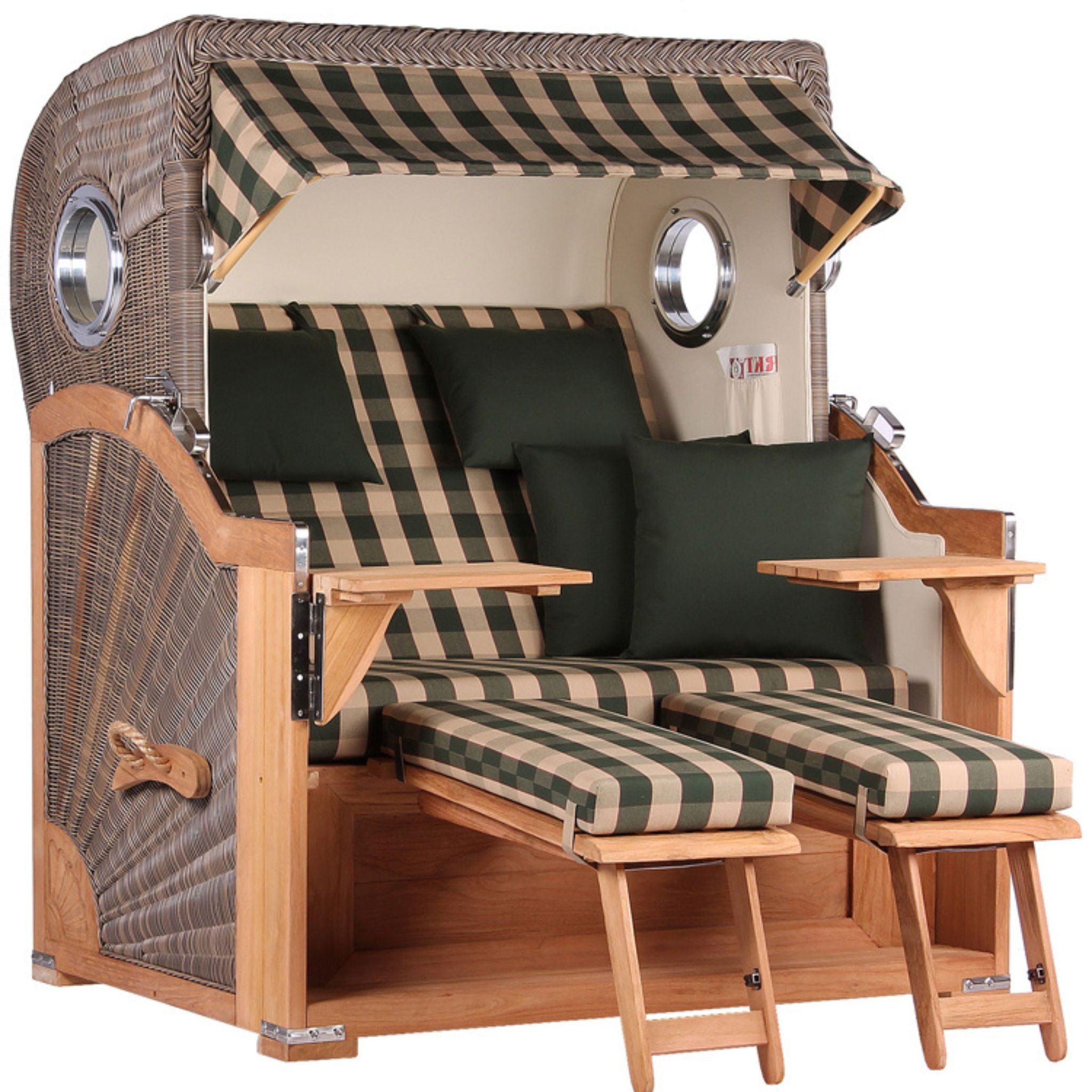 MR.DEKO Strandkorb XXL Baltikum 2,5-Sitzer Bullauge Teak PE Grey 142x170x95, BxTxH: 142x95x170 cm, Volllieger, Baltikum, (Wetterfester 2,5-Sitzer Strandkorb für Garten, Terrasse & Balkon), Volllieger mit Stauraum, Bullaugen & Edelstahl – komplett montiert