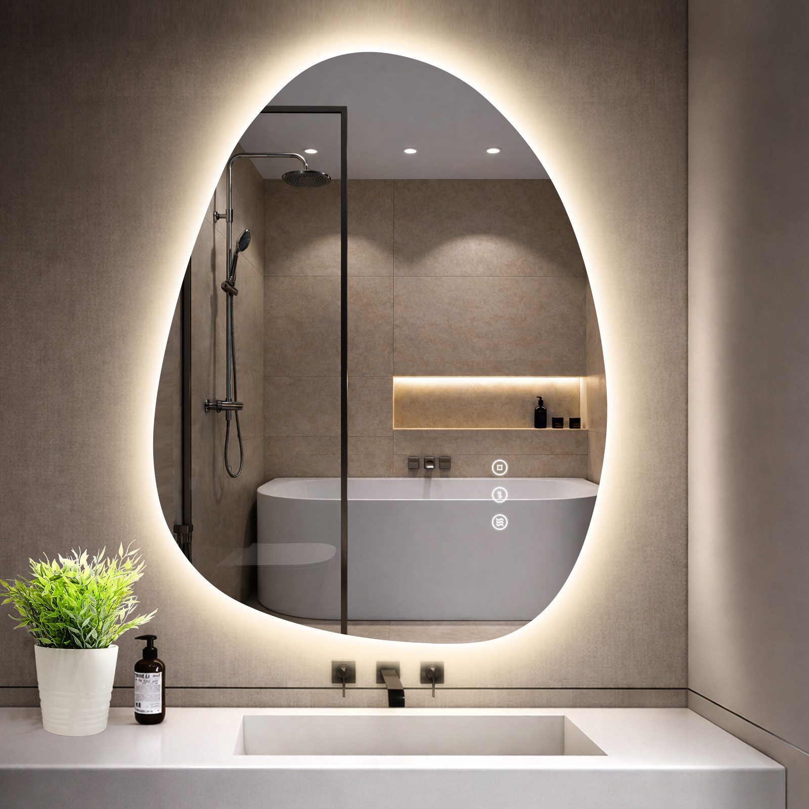 GIMBELEN Badspiegel Asymmetrischer Badezimmerspiegel mit LED-Beleuchtung, dimmbar, Antibeschlag, IP44, Touch-Schalter, Memory-Funktion