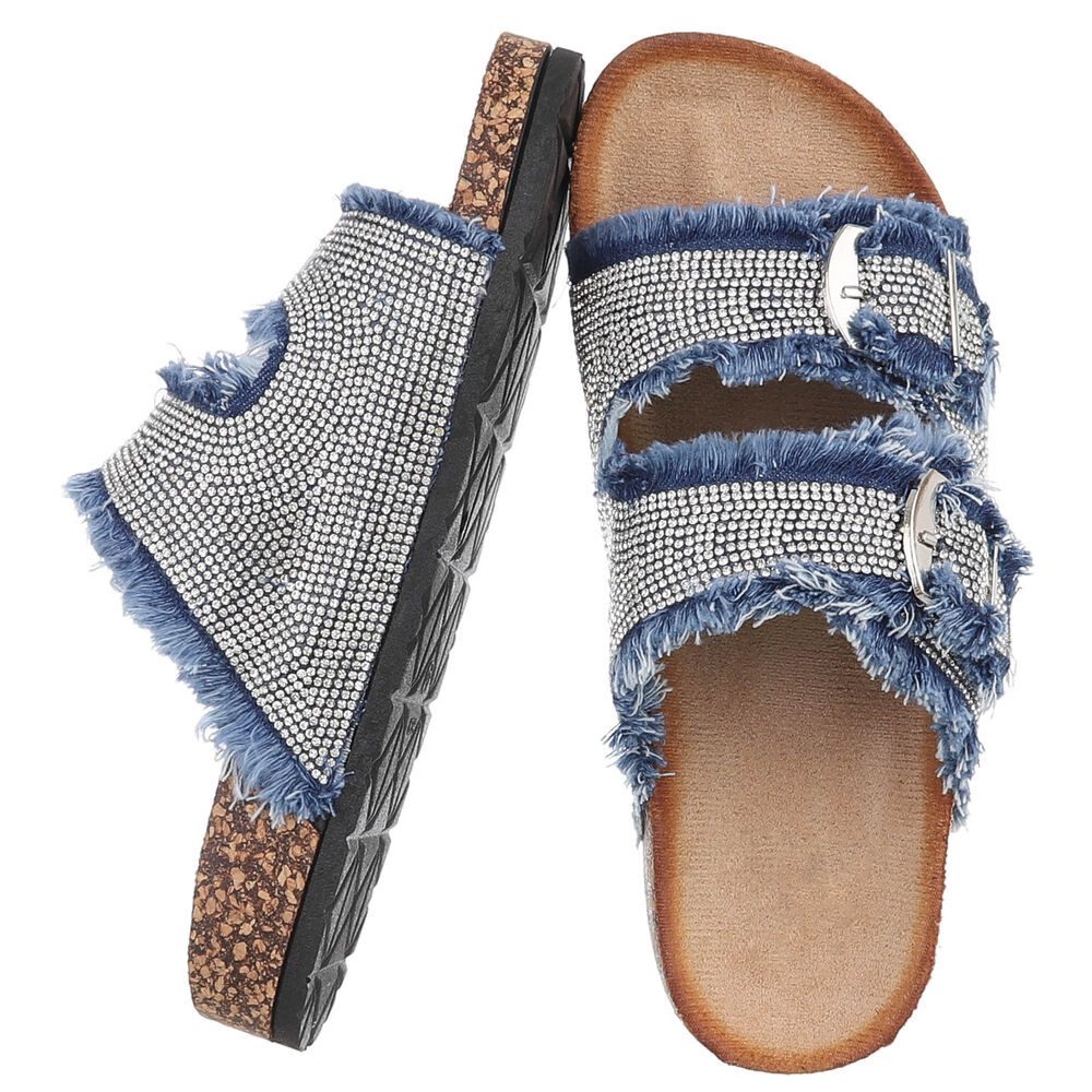 Ital-Design Glamouröse Damen Sandalen mit Strass und Korkfußbett Pantolette (91512396) Flach Pantoletten in Blau