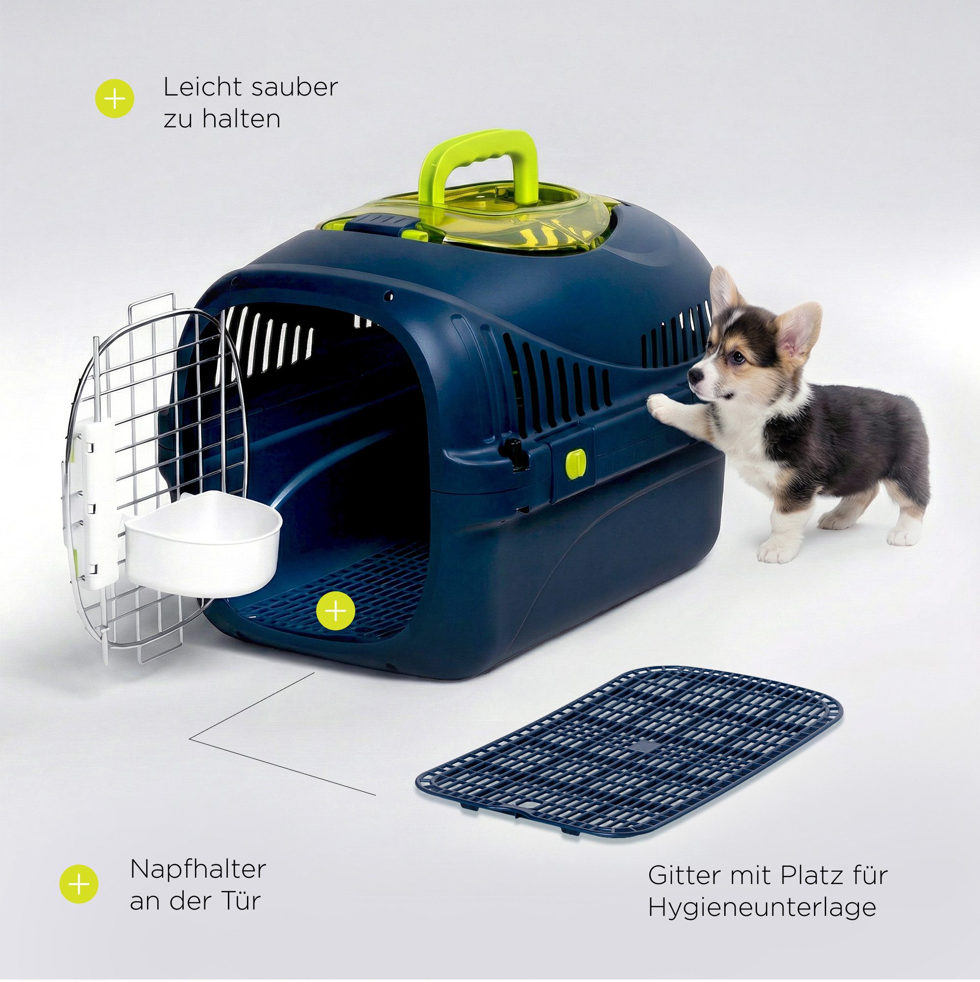 Peluvio Tiertransportbox SAFY für Hunde bis 5 kg, Öffnungsfenster/Großer Griff/Urinauffanggitter/bis zu 5 kg