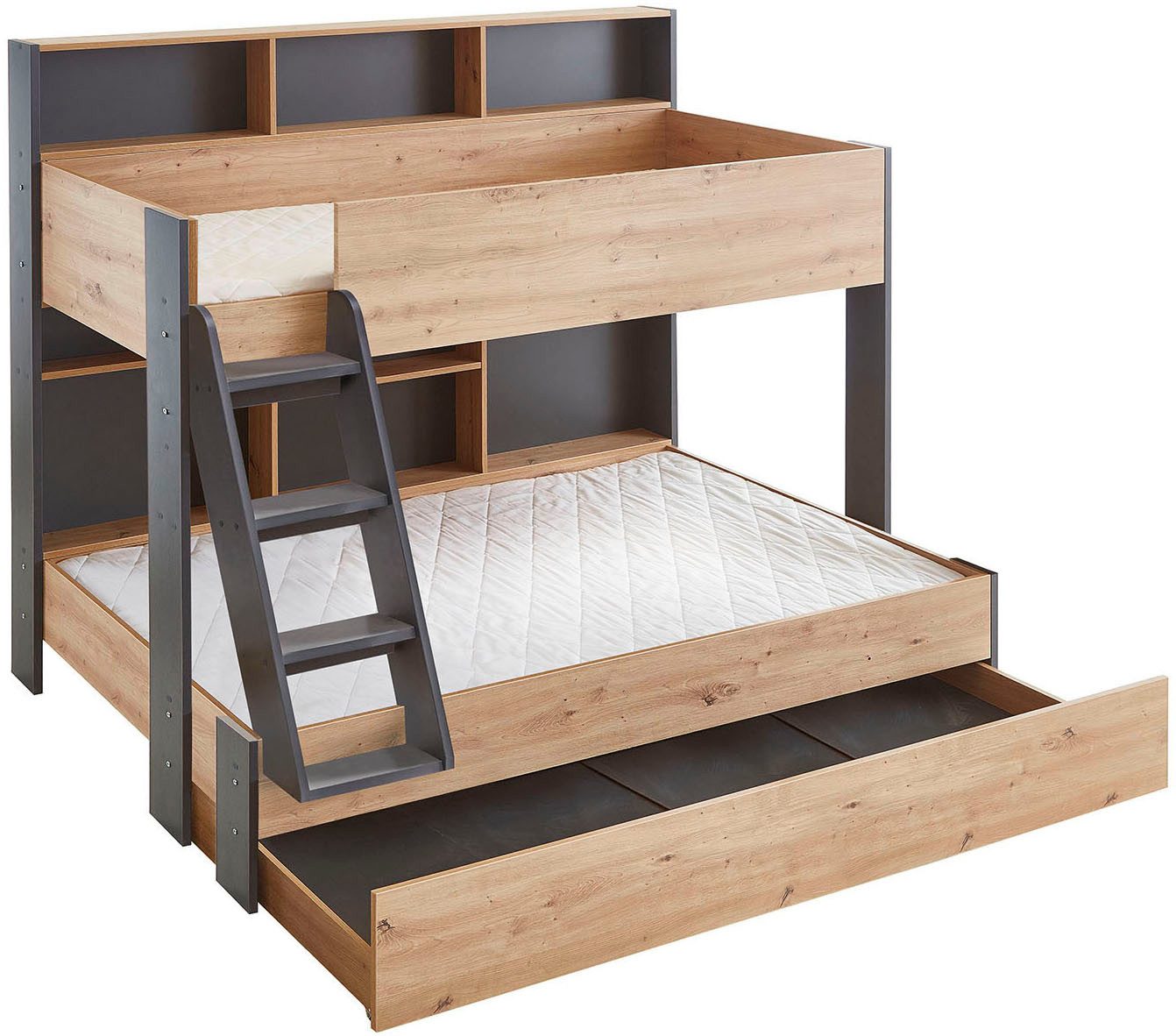 Relita Etagenbett viel Stauraum, pflegeleichte Melamin Oberfläche, 3 Farben zur Wahl (viele Regalfächer an der Bettrückseite, inkl. Schublade auf Rollen), viel Stauraum, pflegeleichte Melamin Oberfläche, 3 Farben zur Wahl