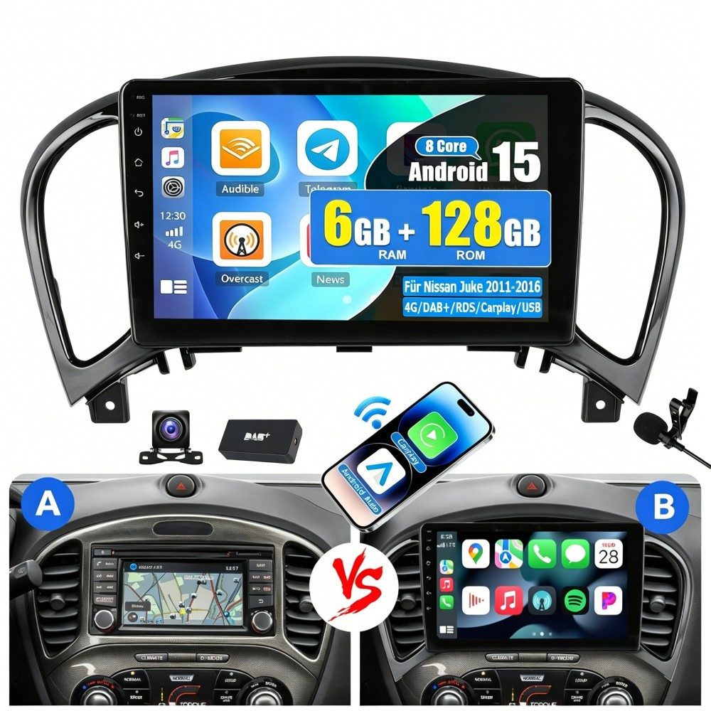 ESSGOO DAB+ 6+128G Android 15 Autoradio für nissan juke 2011-2016 Carplay GPS Autoradio (RDS, 6GB+128GB, 4G LTE, Digitalradio (DAB), FM, SWC, Carplay Android Auto Bluetooth EQ USB GPS Navi WIFI Touchscreen)