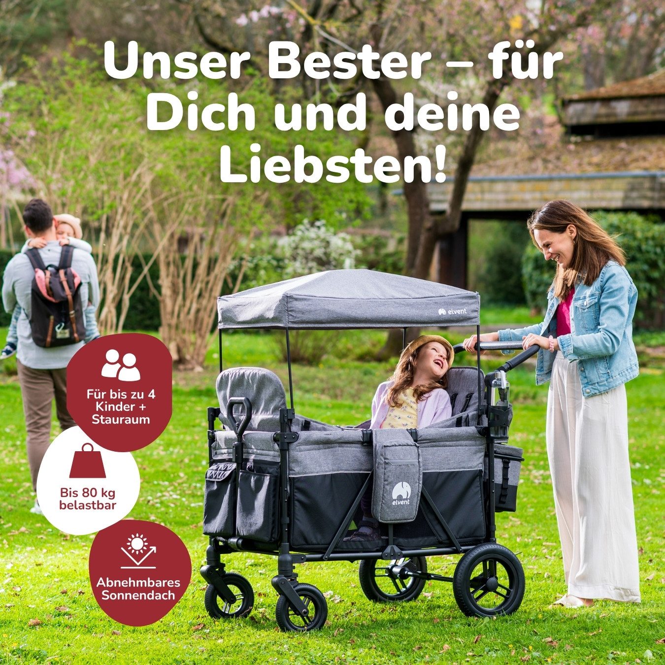 elvent Bollerwagen ComfortPlus 4, Kompakt faltbar, Für bis zu 4 Kinder, Ideal für Familien-Abenteuer