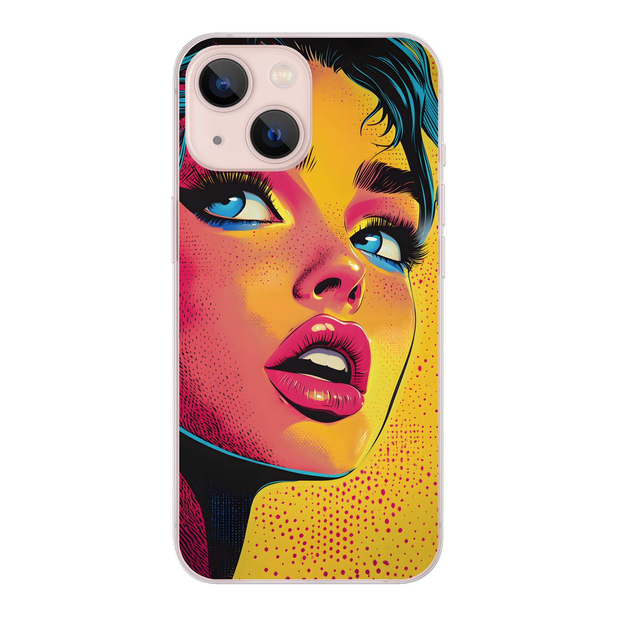 MuchoWow Handyhülle für Apple iPhone 13 mini Nahaufnahme - Frauengesicht - Tupfen - Gelb, Smartphone-Bumper, Print, Handy Schutzhülle Dünn