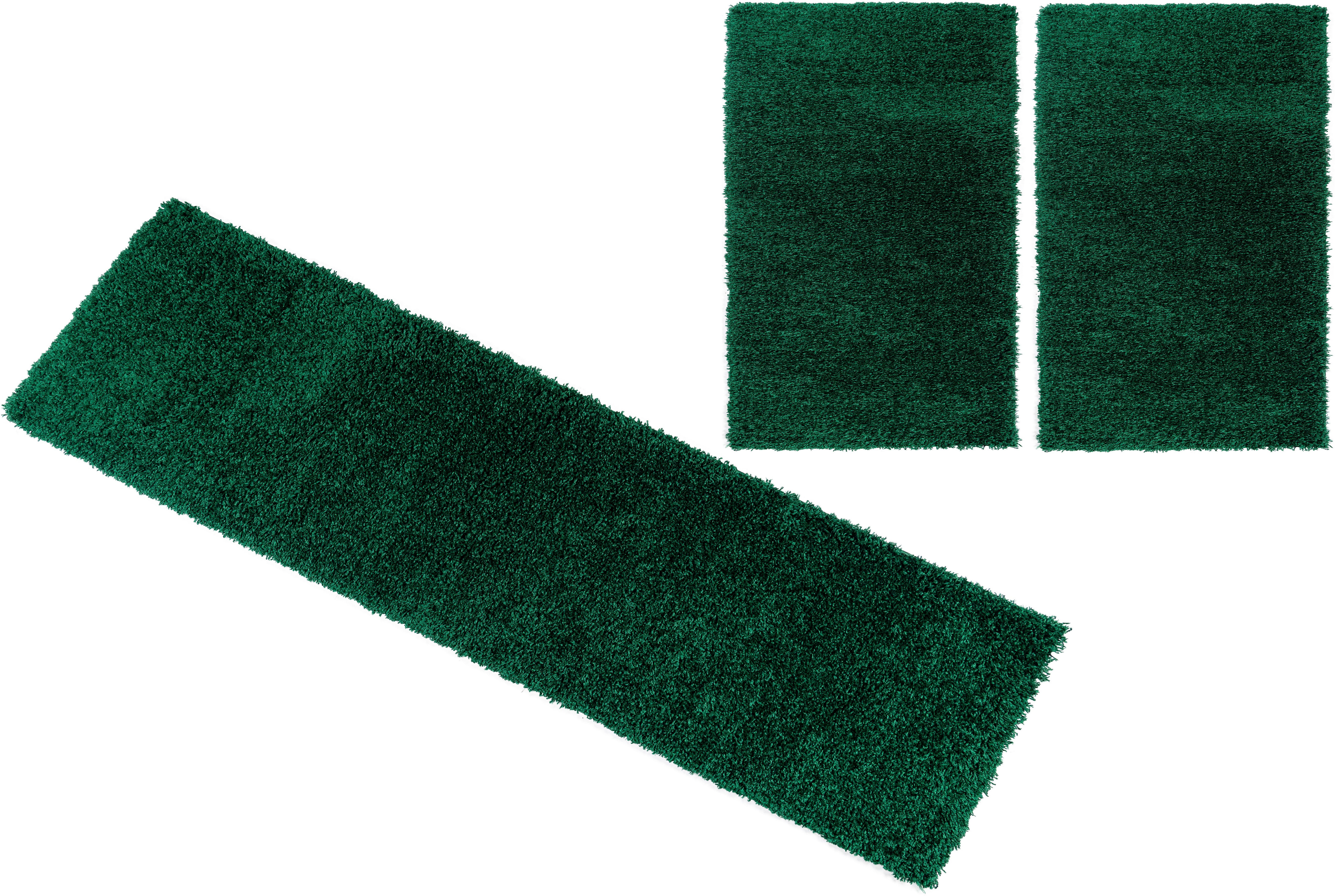 Bettumrandung Shaggy Soft Bruno Banani, Höhe 30 mm, (3-tlg), gewebt, Uni-Farben, besonders weich, Bettvorleger, Läufer-Set grün