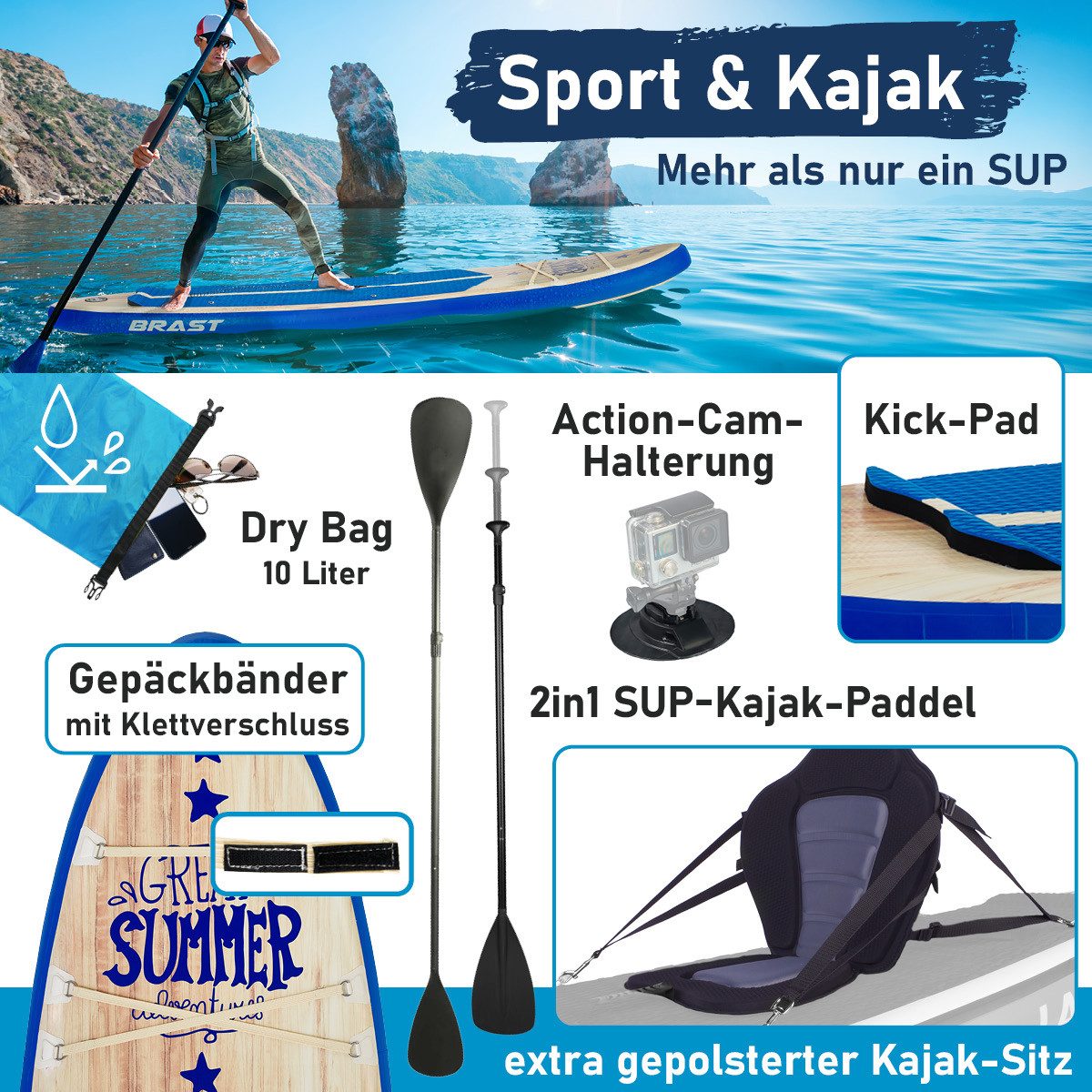 BRAST SUP-Board Summer Aufblasbares Stand up Paddle Set - 320x81x15cm, 5 Jahre Garantie inkl. Sonderzubehör, (2in1 Paddel Kajak-Sitz Action-Cam-Halterung), Fußschlaufe Paddel Pumpe Rucksack