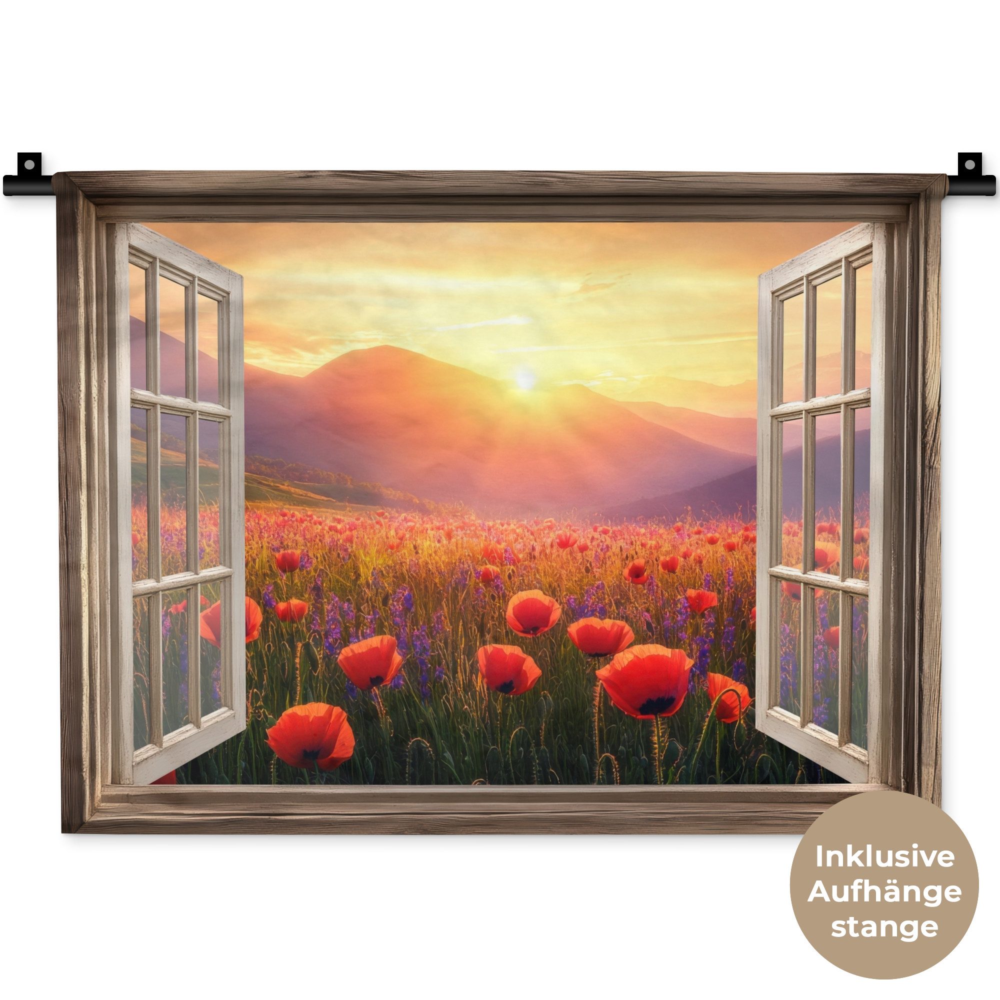 MuchoWow Wandteppich Durchsichtig - Mohnblumen - Blumen - Rot - Offenes Fenster, Rechteckig, Höhe: 3 mm, Wanddeko Teppich Wohnzimmer, Schlafzimmer, 60x45 cm