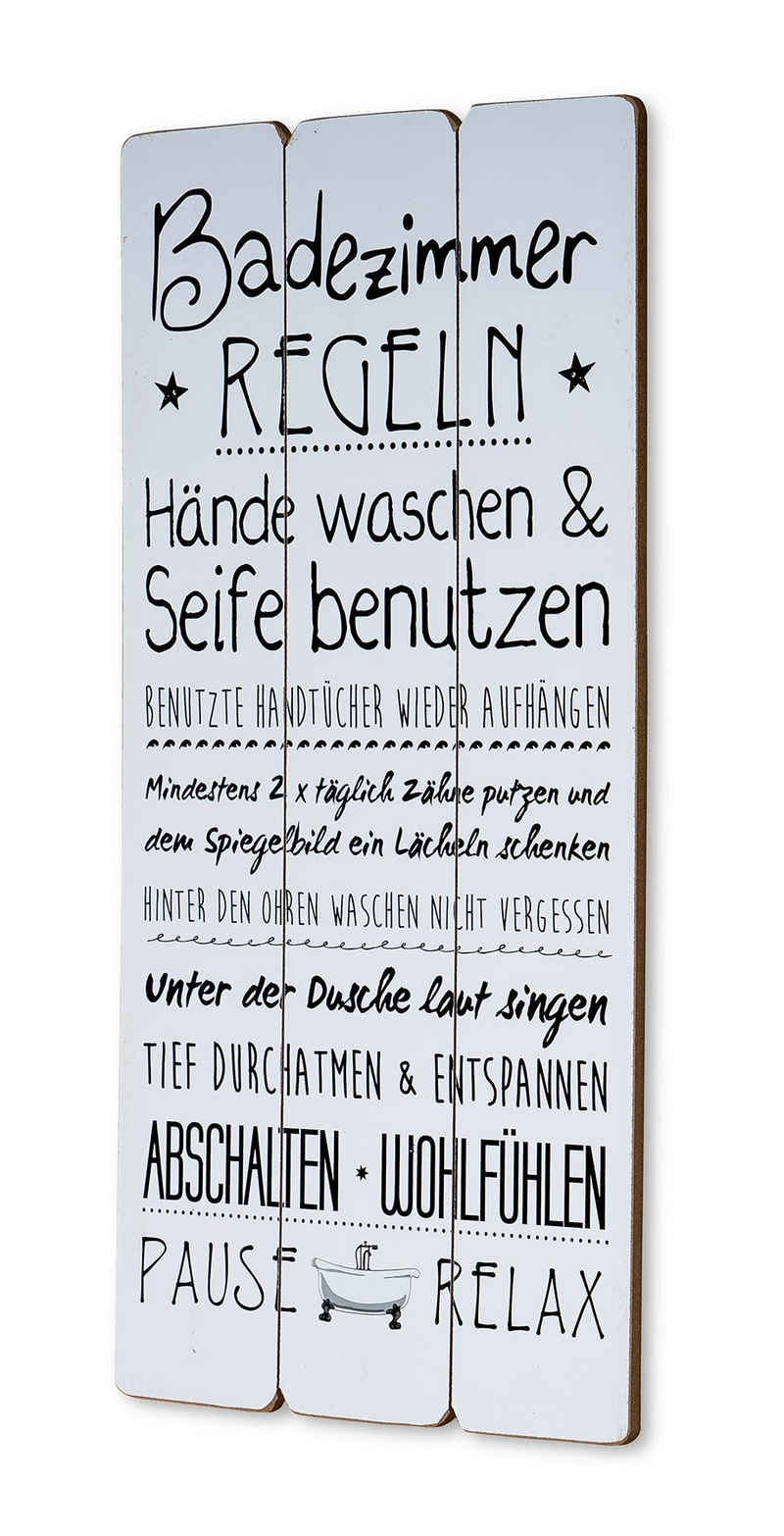 Levandeo® Holzbild, Holzschild 30x60cm Badezimmer Regeln Weiß Spruch Deko Wandbild