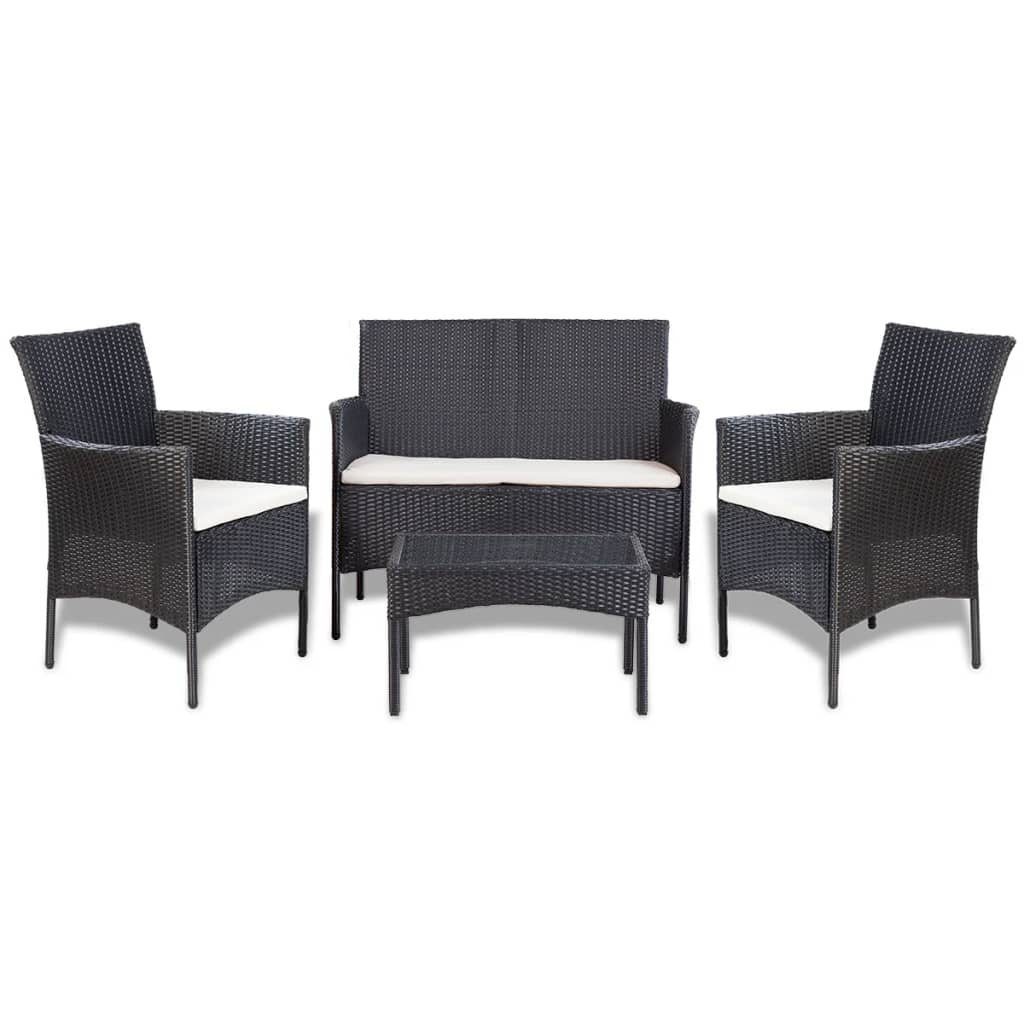 vidaXL Gartenlounge-Set 4-tlg. Garten-Lounge-Set mit Poly (4-tlg) Schwarz Weiß Schwarz, und Rattan Auflagen