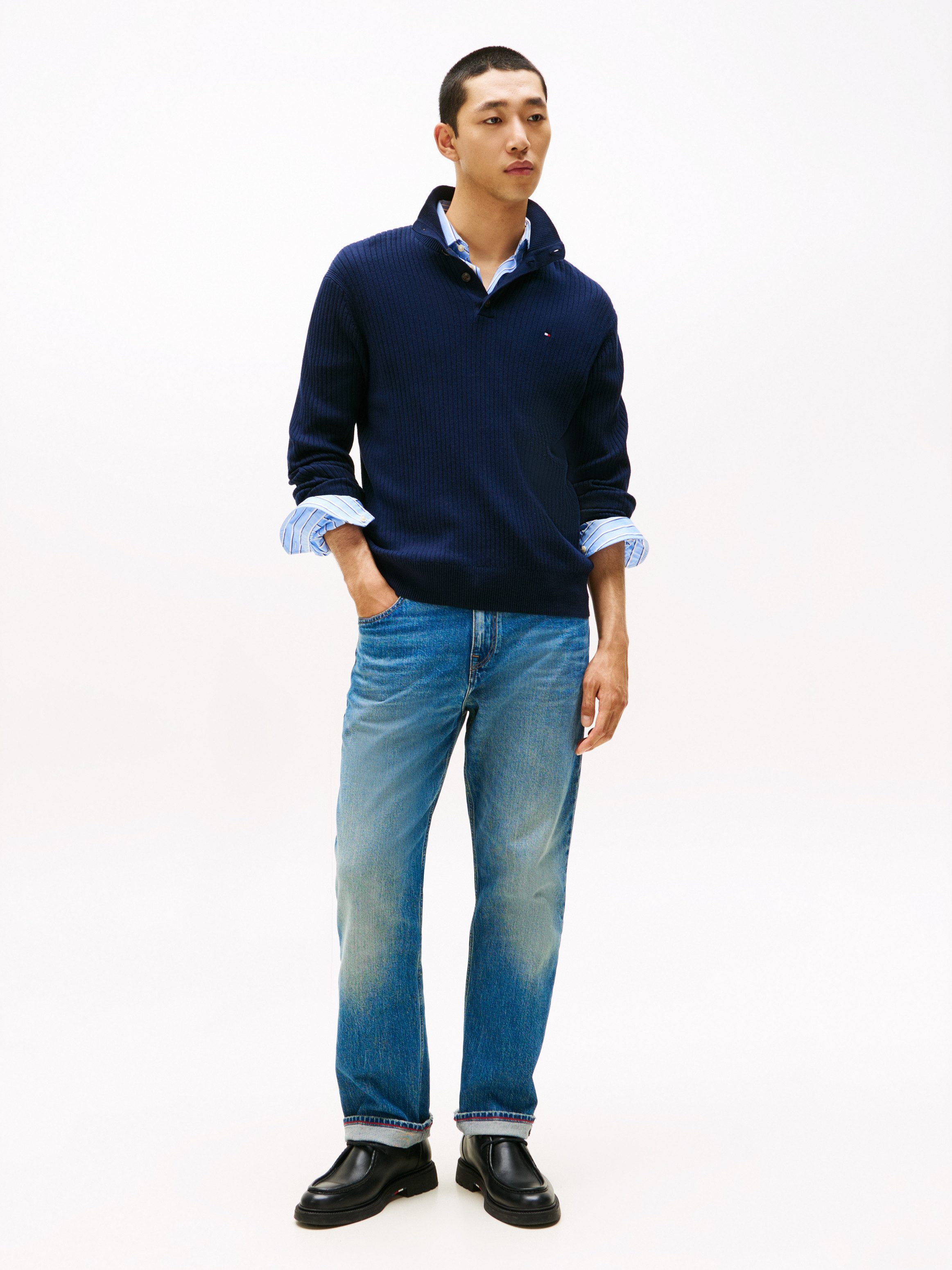 Tommy Hilfiger Troyer PIMA CASH STRUCTURE MOCK Rippbündchen am Kragen, Ärmel und Saum