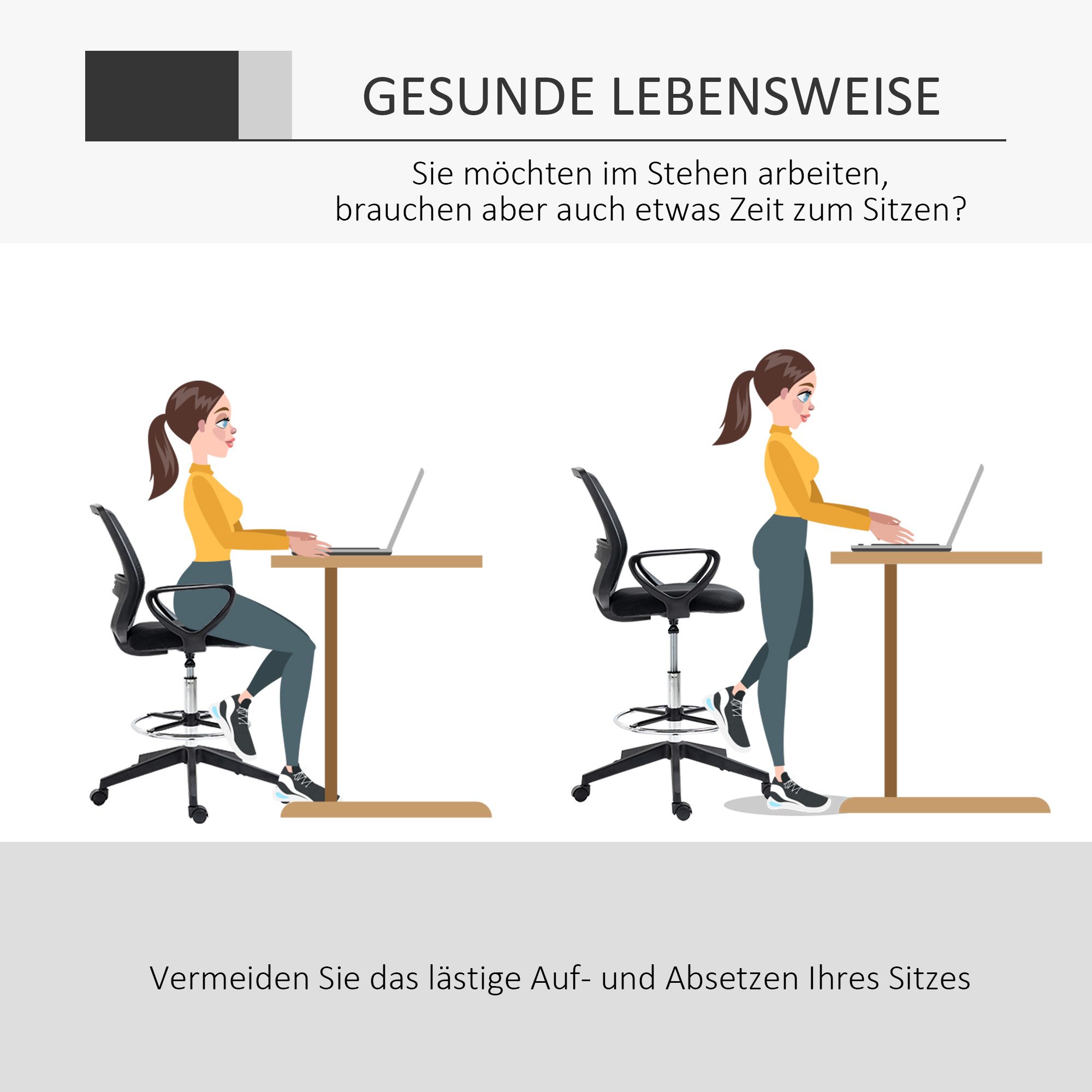 Vinsetto Bürostuhl Drehstuhl mit Armlehnen, Netzbespannung, verstellbarem Fußring (ergonomischer Schreibtischstuhl, 1 St), für Arbeitszimmer, Büro, Schwarz – Bild 4 von 5