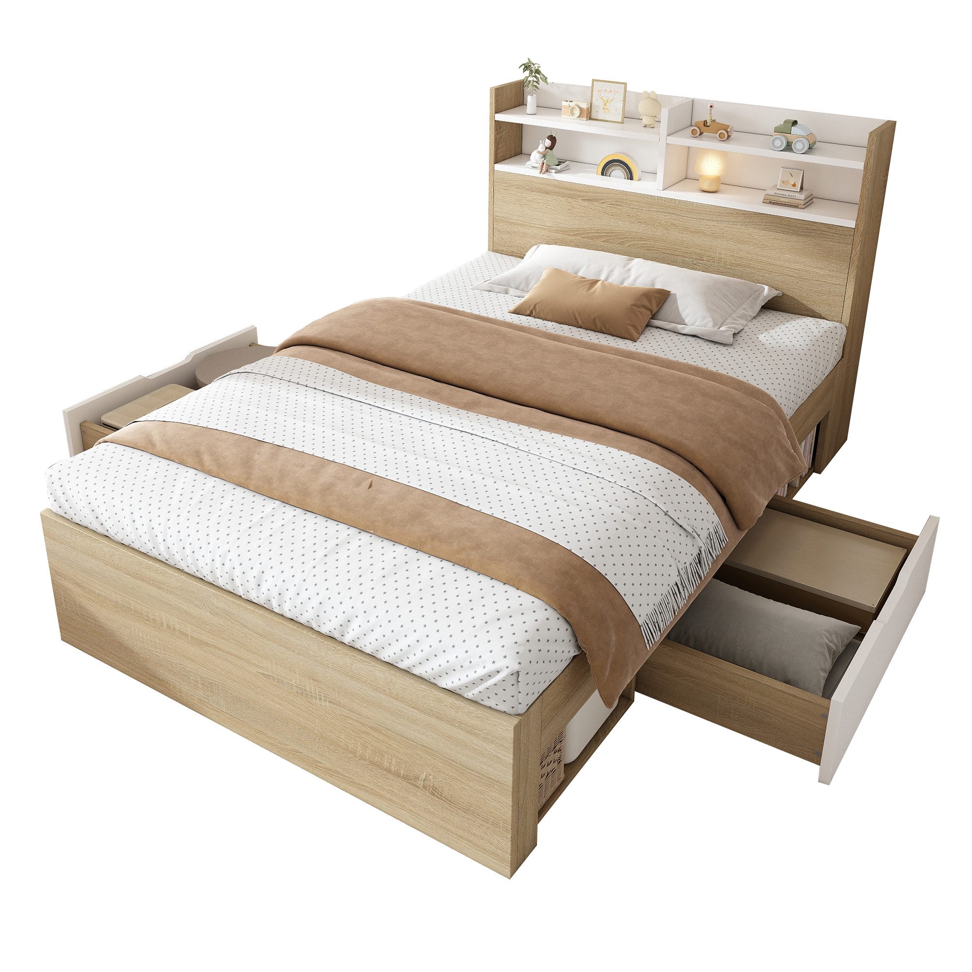 REDOM Holzbett Platzsparendes Bett mit integriertem Stauraum, mit 2 Schubladen (Holzbett, Funktionsbett, 1-tlg., Ausführung in Holz, teilweise aus Massivholz gefertigt, 90x200 cm), Kopfteil-Ablage & offenen Fächern (ohne Matratze)