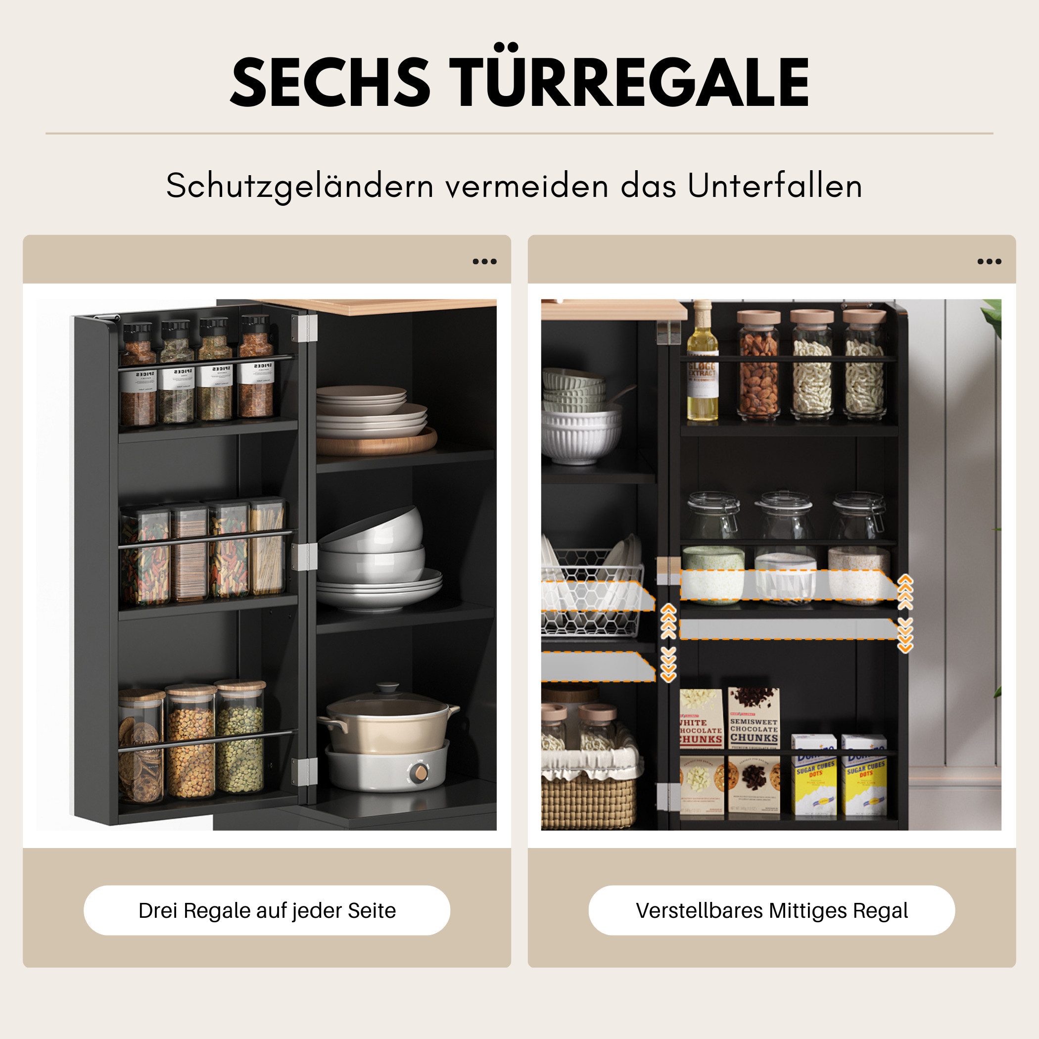 SeedWave Anrichte Modern Küchenbuffet Mehrzweckschrank Beistellschrank mit Viel Stauraum, Türregale mit Schutzgeländern, Wandhalterung für Anti-Kipp Funktion – Bild 3 von 5