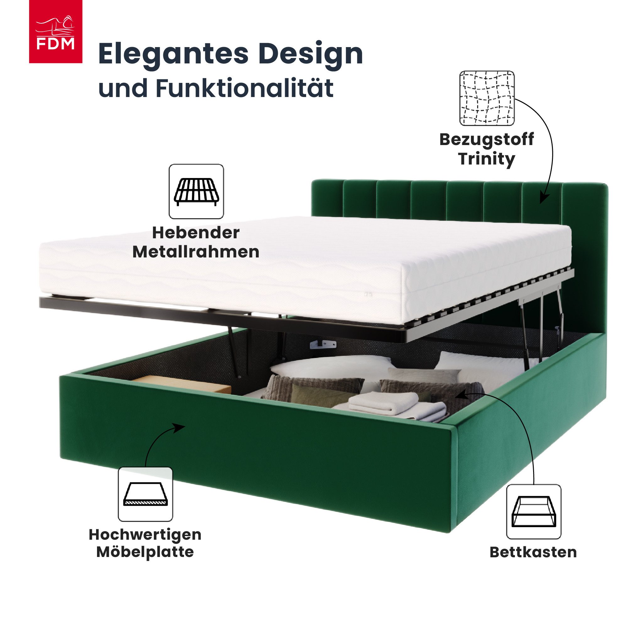 FDM Polsterbett OSKAR modern mit Bettkasten MADE IN EU - mit Trinity Velours Bezug (verfügbar 90x200 120x200 140x200 160x200 180x200cm, Bettrahmen, Bett, mit großen gepolsterten Kopfteil, mit Bettkasten zum aufklappen), Hebbarer Metallrahmen, Bettkasten, mit/ohne Matratze