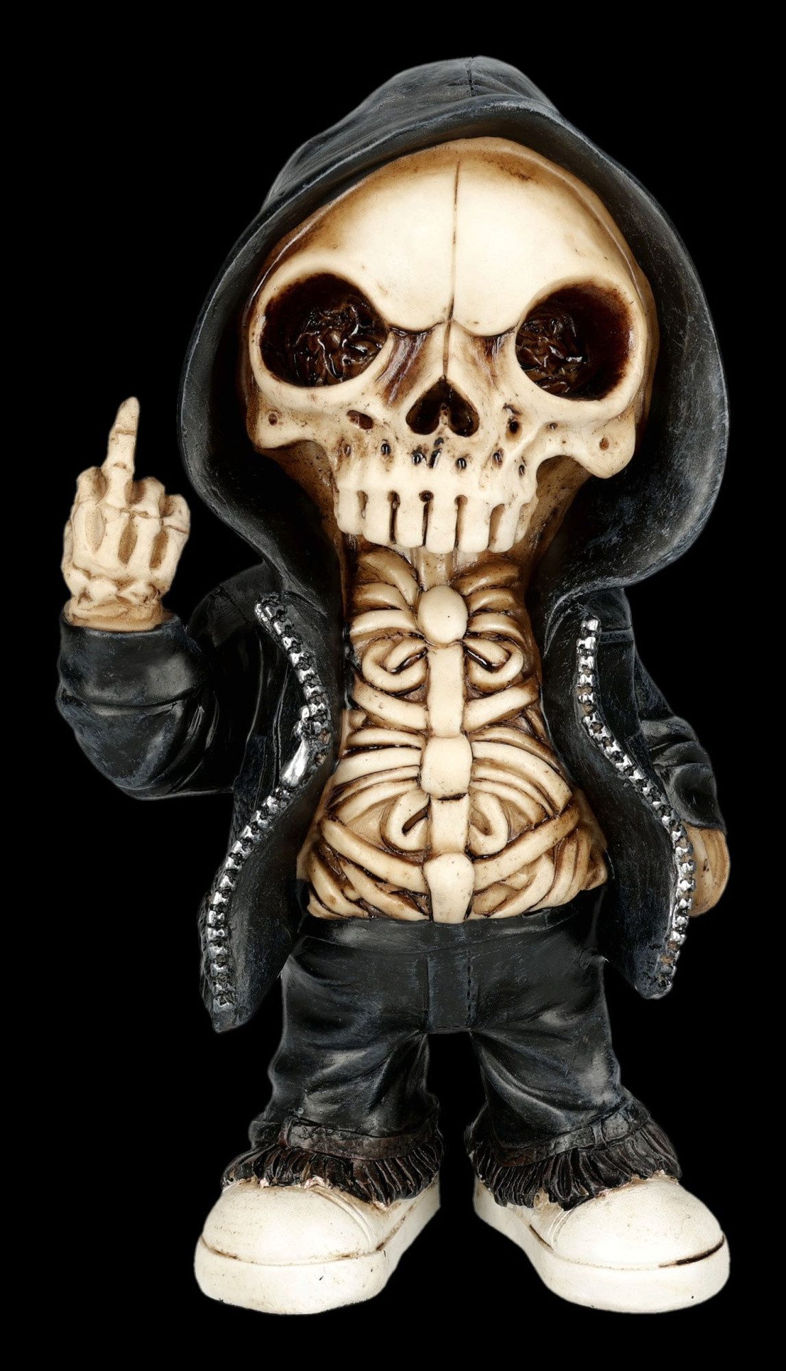 Figuren Shop GmbH Dekofigur Skelett Figur – Rebellische Gothic Statue mit Mittelfinger 23,5 cm