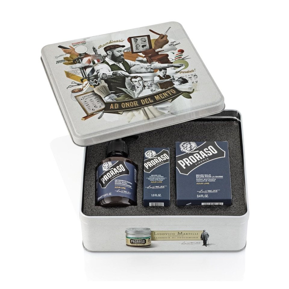 PRORASO Bartpflege-Set Azur Lime Bartpflegeset, 3-tlg., Bartshampoo, Bartöl, Bartbalsam