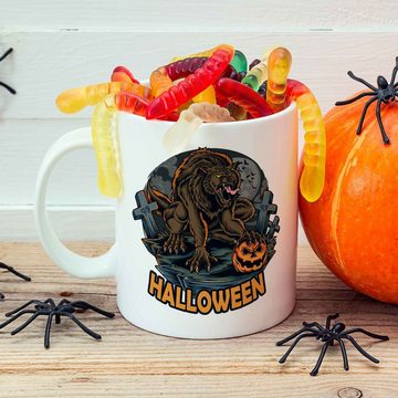 GRAVURZEILE Tasse mit Motiv im Halloween Werwolf Design, Keramik, Farbe: Weiß