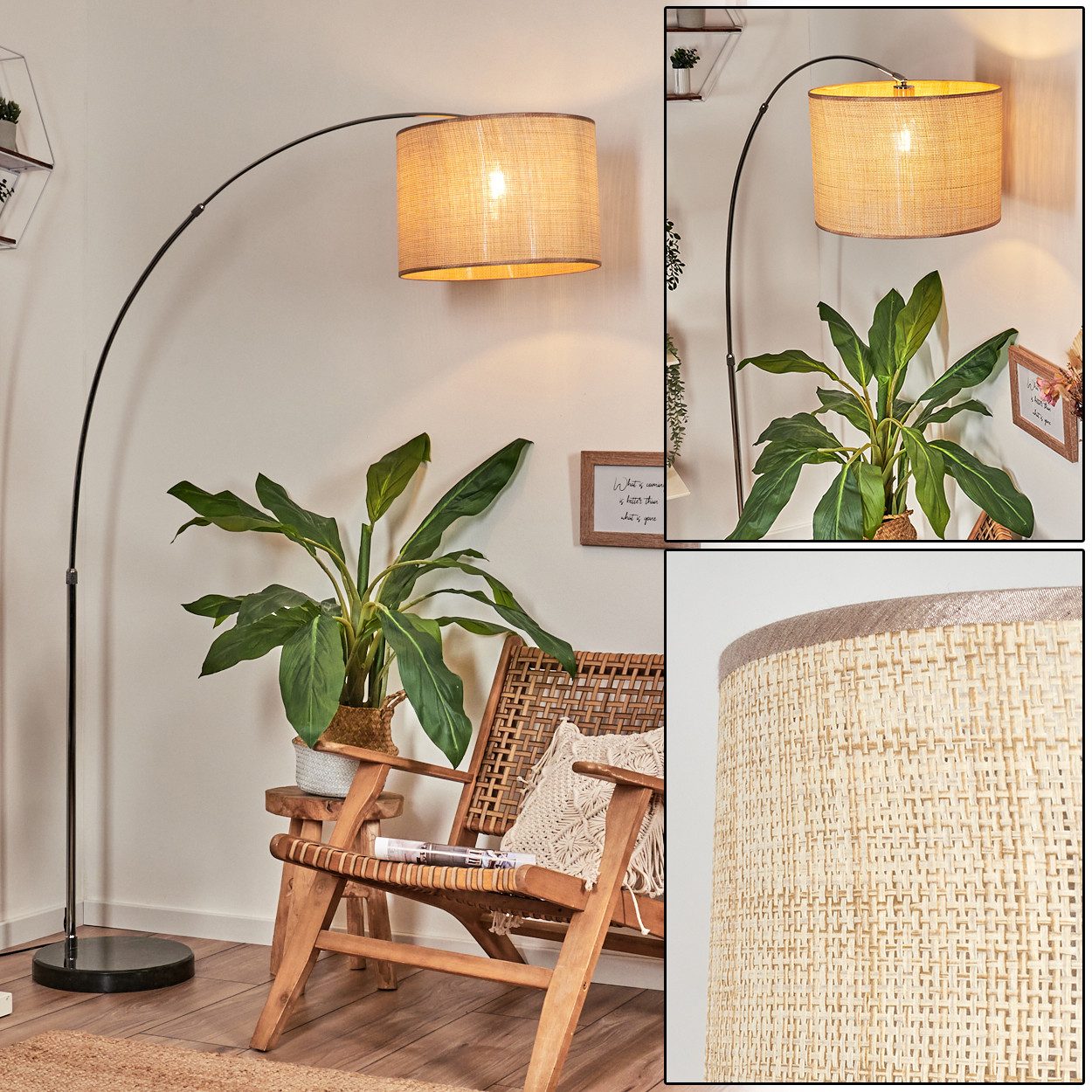 hofstein Bogenlampe Stehlampe aus Metall/Papiergeflecht in Schwarz/Chrom/Natur/Braun, verstellbare Stehleuchte mit Marmorfuß u.Fußschalter, Boho-Design, E27
