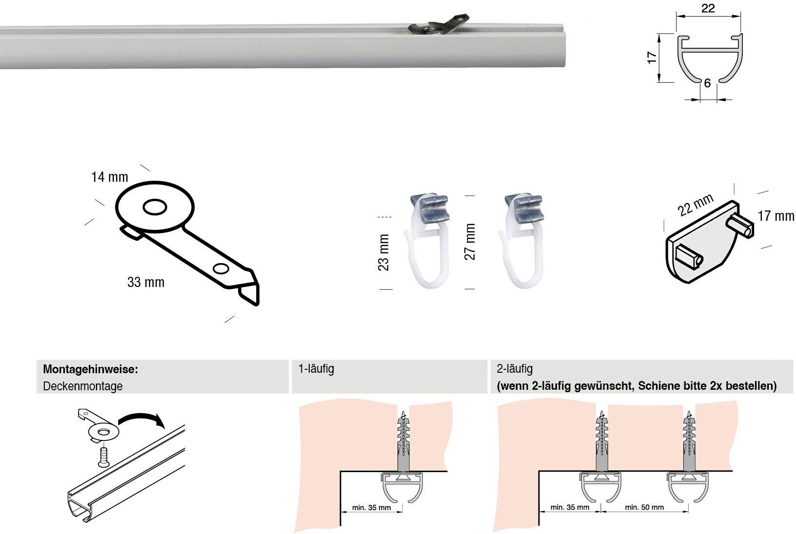GARESA Gardinenschiene 400, 1-läufig, Wunschmaßlänge, mit Bohren, verschraubt, Aluminium, Kunststoff, Aluminiumschiene, schlicht, Deckenmontage, verlängerbar
