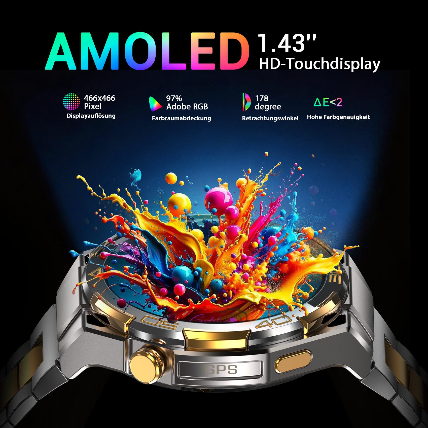 blackview GPS Herren-Smartwatch 2026,1,43" AMOLED, 14K Gold,900mAh Akku,Business Smartwatch (1.43 Zoll) Set, 1-tlg., mit Wechselband aus weichem Silikon und Ladekabel, 15 Tage Akku,Anrufe,HR,SpO2, Blutdruck, LED-Leuchte,2 Armbändern, IP68