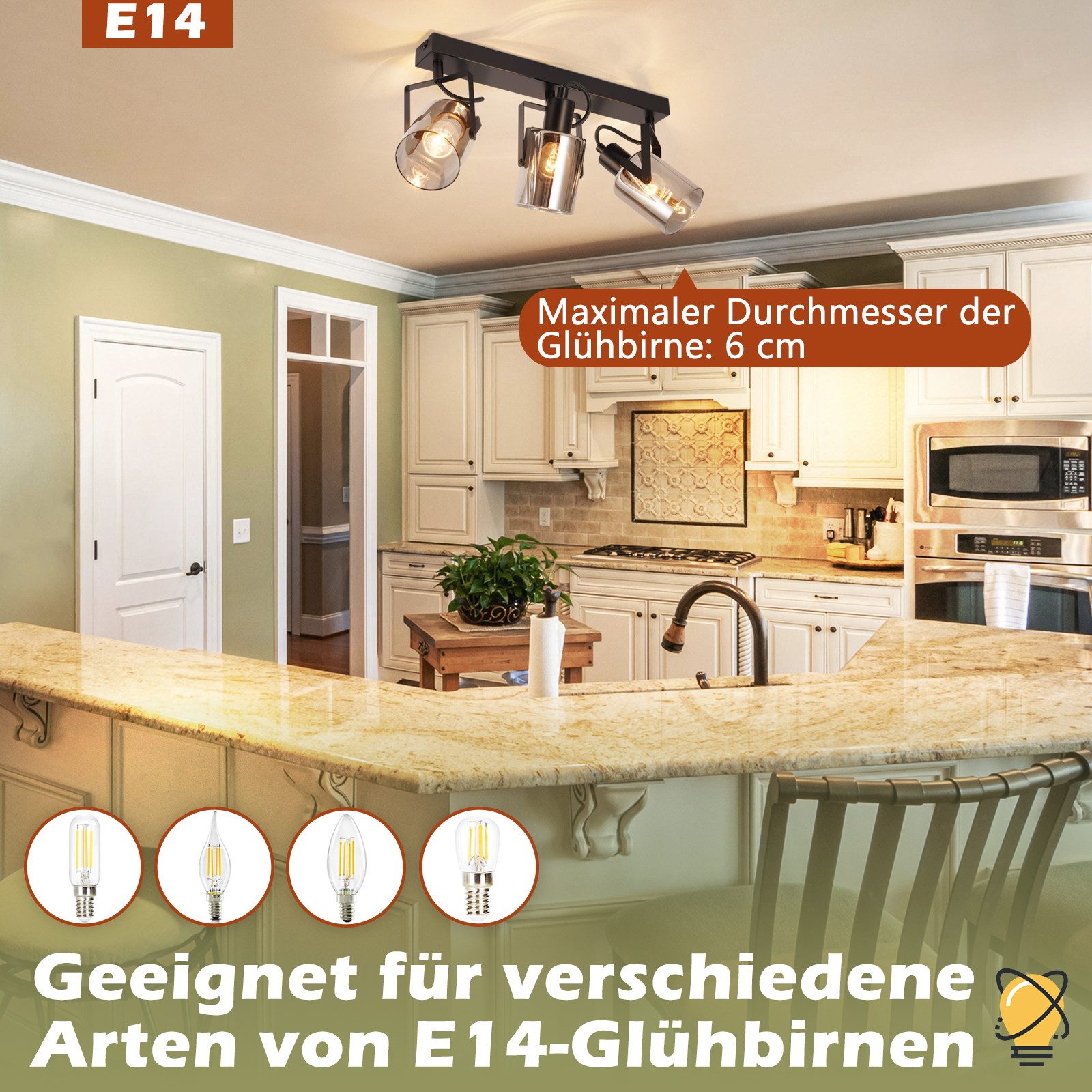 ZMH LED Deckenleuchte Whonzimmer Schwarz-Rauchgrau Glas Deckenlampe E14 Schwenkbar 350°, Austauschbare Lichtquelle, ohne Leuchtmittel