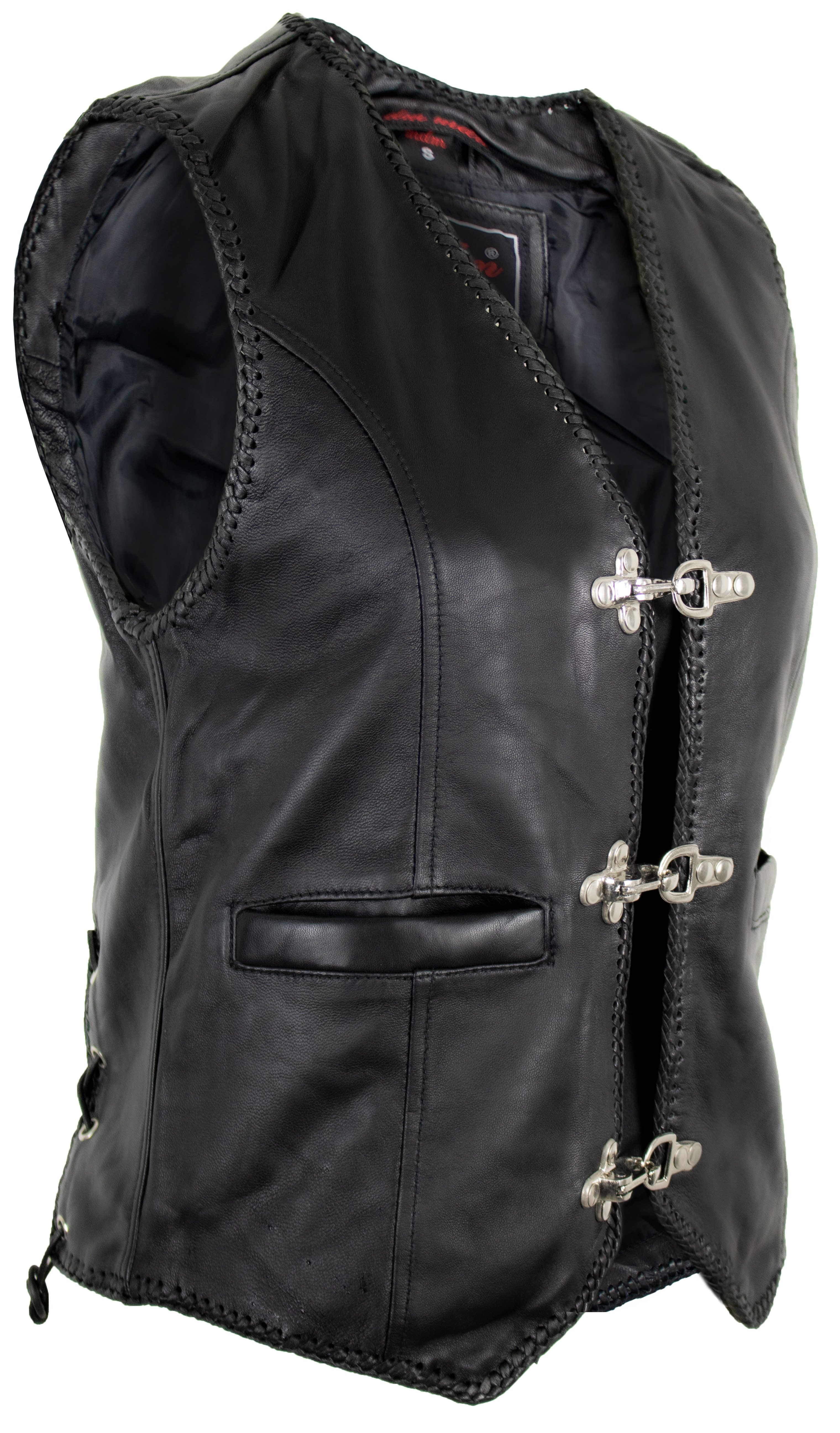 MDM Lederweste Damen Biker Lederweste – Weiches Nappaleder mit Karabinerhaken Echtleder, Lammnappa, Karabiner, Bikerstil, tailliert, Schnürung