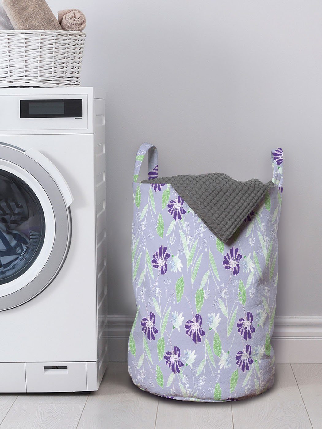 Abakuhaus Wäschesäckchen Wäschekorb mit Griffen Kordelzugverschluss Sketch Stil Waschsalons, Blumen Lila Blüten für