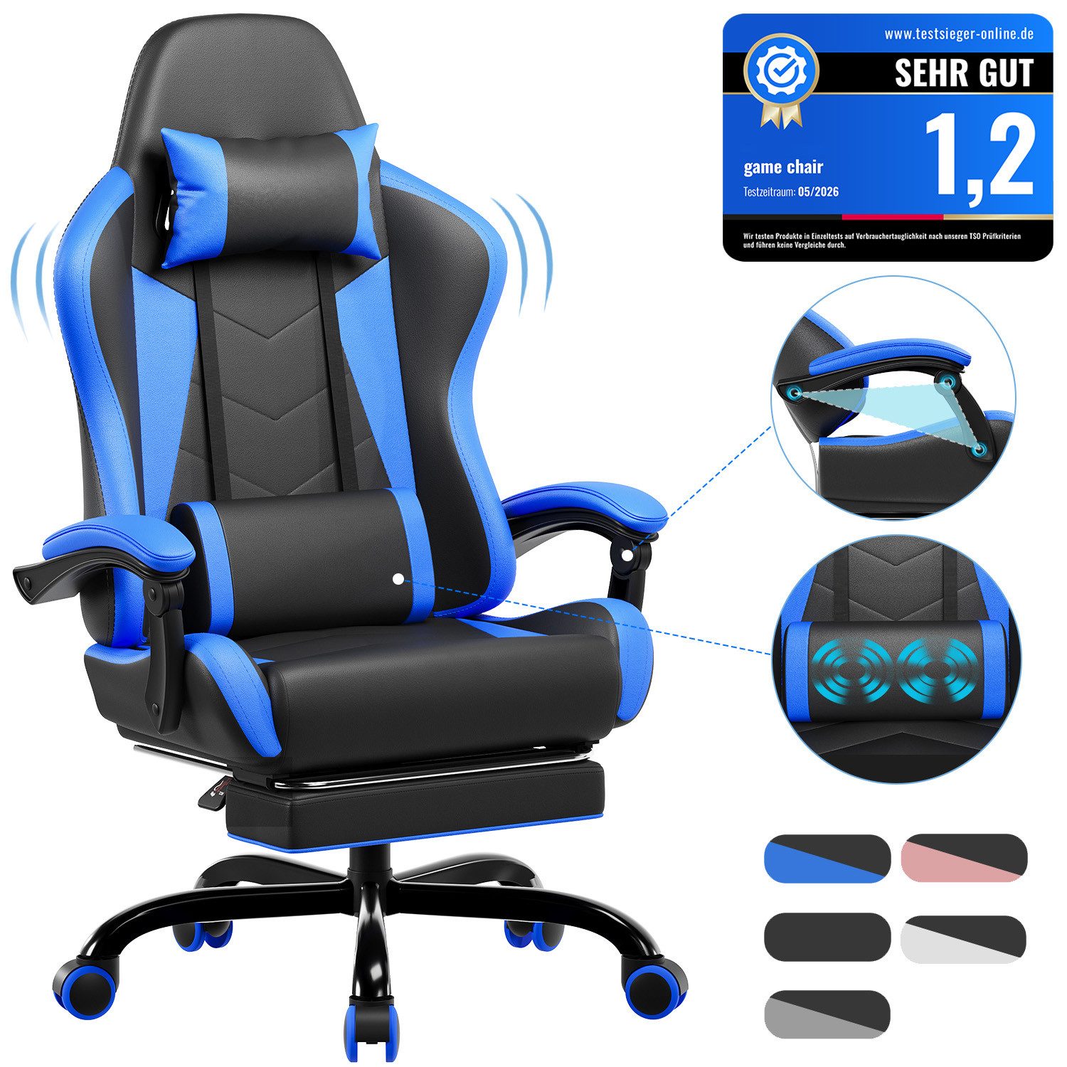 HOMALL Gaming-Stuhl Massage Gaming Stuhl mit Fußstütze 90-135° Rückenlehne einstellbar (Bürostuhl Ergonomisch,Verstellbarem Lenden- & Kopfkissen,mit Fußstütze)