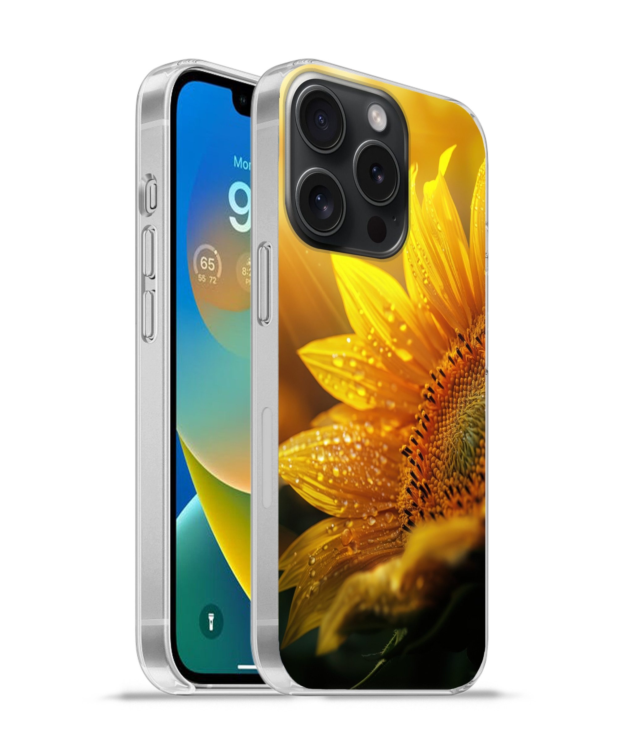 MuchoWow Handyhülle für Apple iPhone 15 Pro Sonnenblume - Tautropfen - Gelb - Sonnenlicht, Smartphone-Bumper, Print, Handy Schutzhülle Dünn