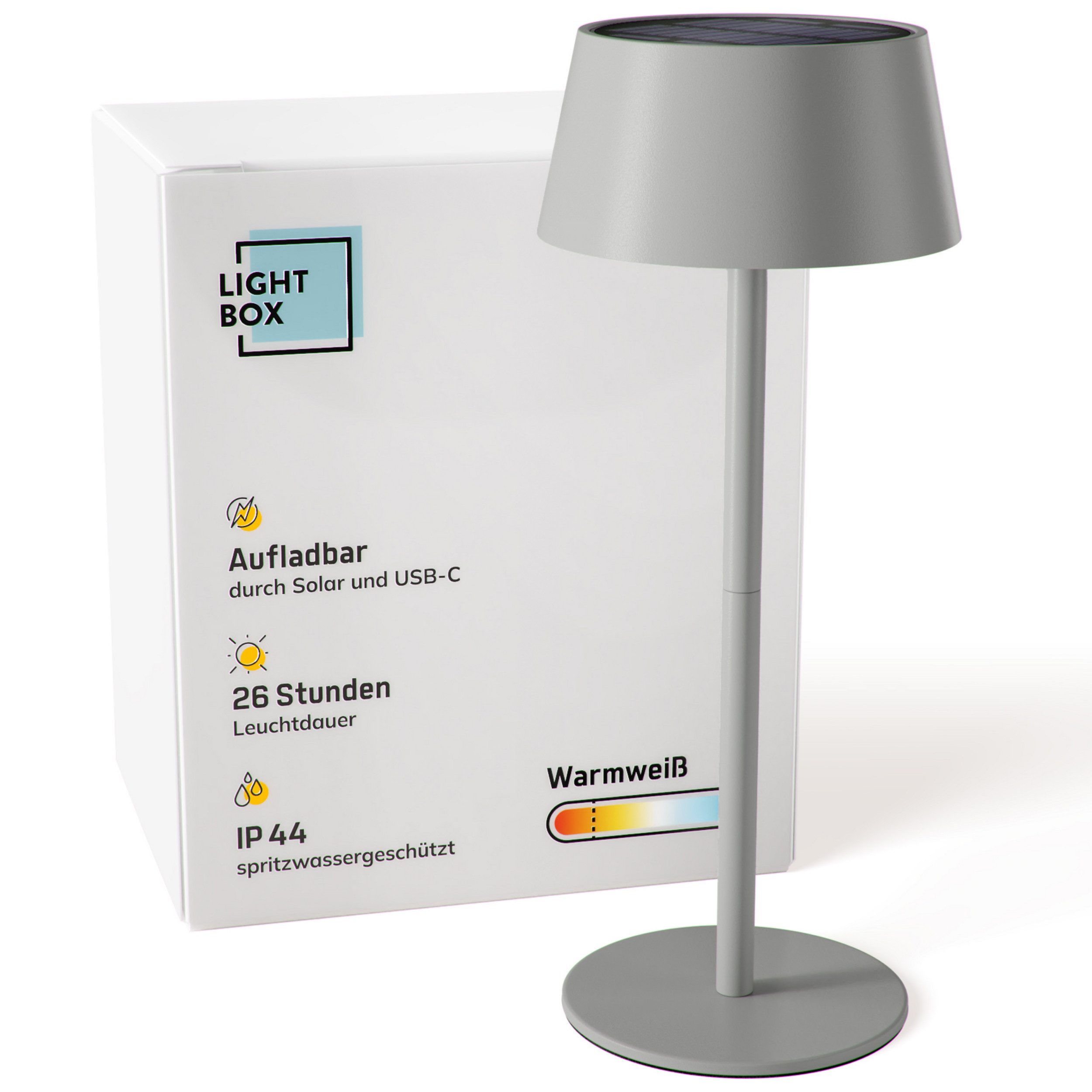 Lightbox Tischleuchte, LED fest integriert, Warmweiß, LED Außen Tischlampe, Solar, 3 Stufen Dimmer, 30cm, Ø13cm, 300lm, grau