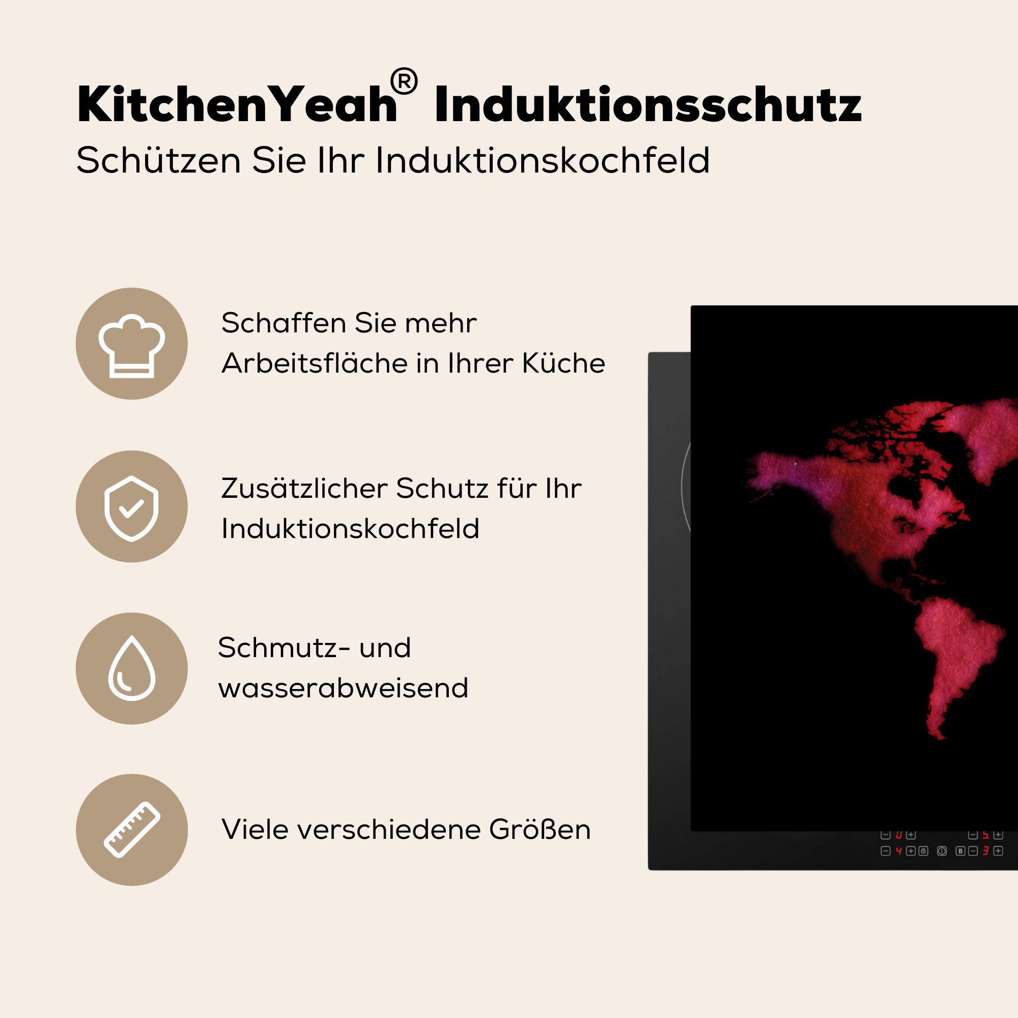 Induktionskochfeld für Ceranfeldabdeckung küche, Rosa, - Schutz MuchoWow (1 Aquarell - 81x52 cm, die Weltkarte tlg), Vinyl, Herdblende-/Abdeckplatte