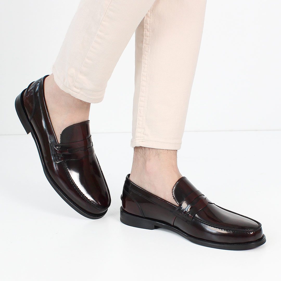Celal Gültekin Business Penny Loafer Blockabsatz Hochglanz Herren Loafer Echtleder Hochglanz, Penny-Steg, Mokassin-Naht, Bordeaux, 43