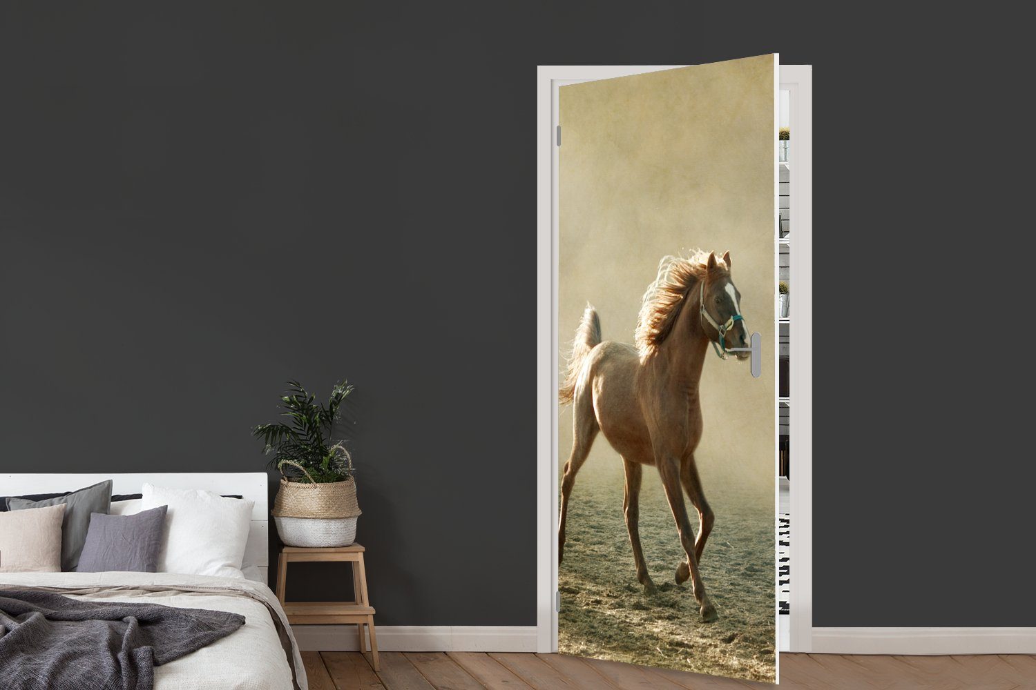 Matt, MuchoWow - Türtapete Pferd St), Tür, Fototapete Nebel, Türaufkleber, bedruckt, für (1 75x205 - cm Sand